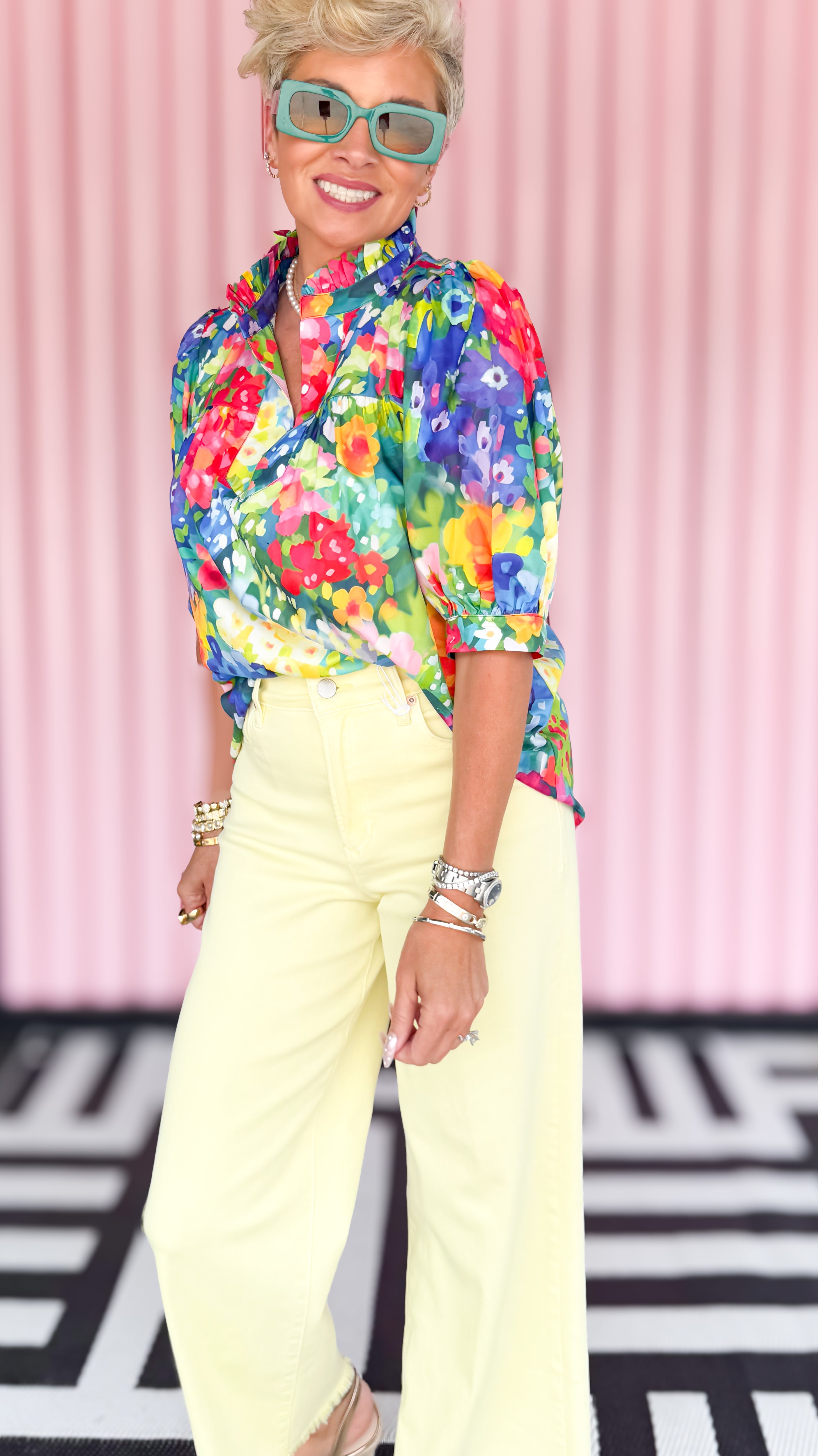 Bold Floral Puff Sleeve Blouse