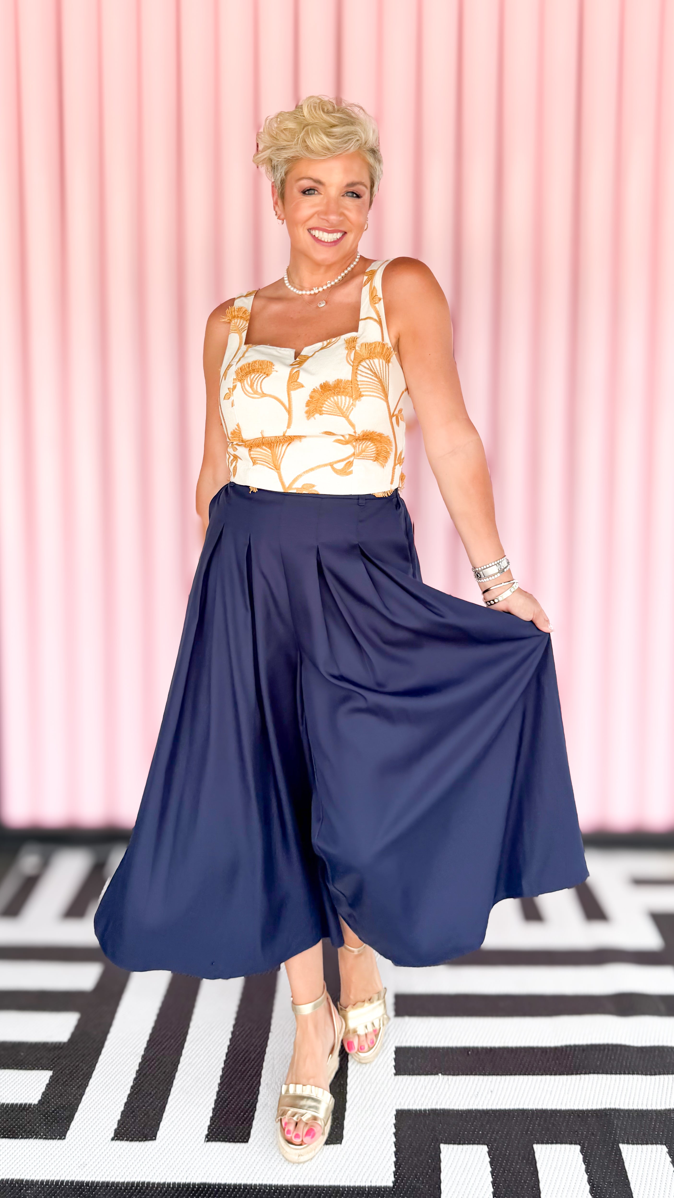 Wide Leg Linen Blend Pants/Navy