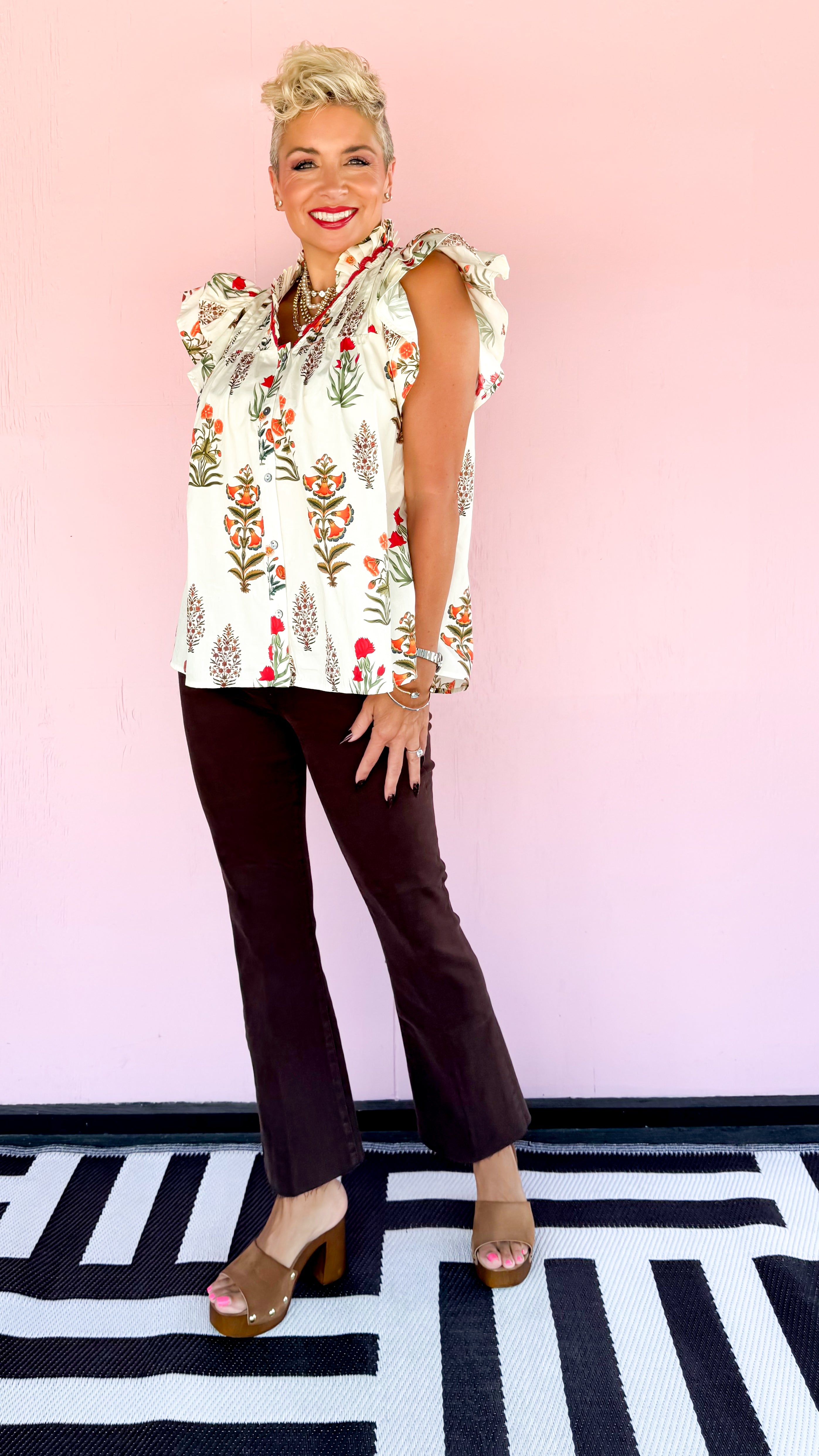 Carnation Flutter Sleeve Top/Cream - The BLVD
