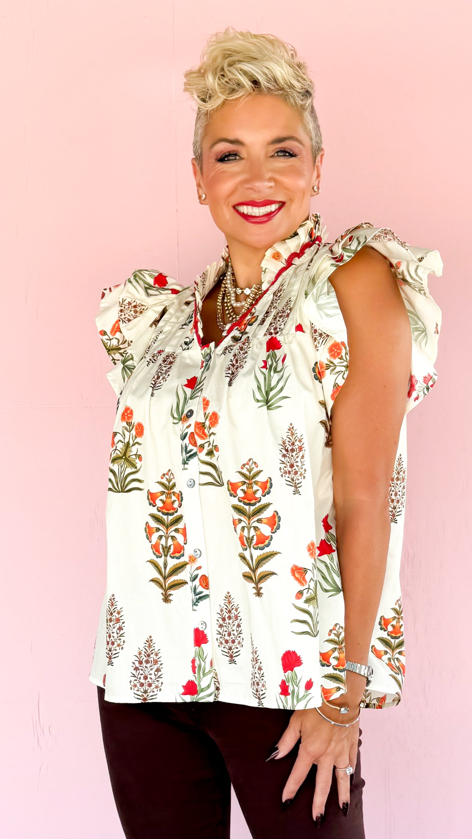 Carnation Flutter Sleeve Top/Cream - The BLVD