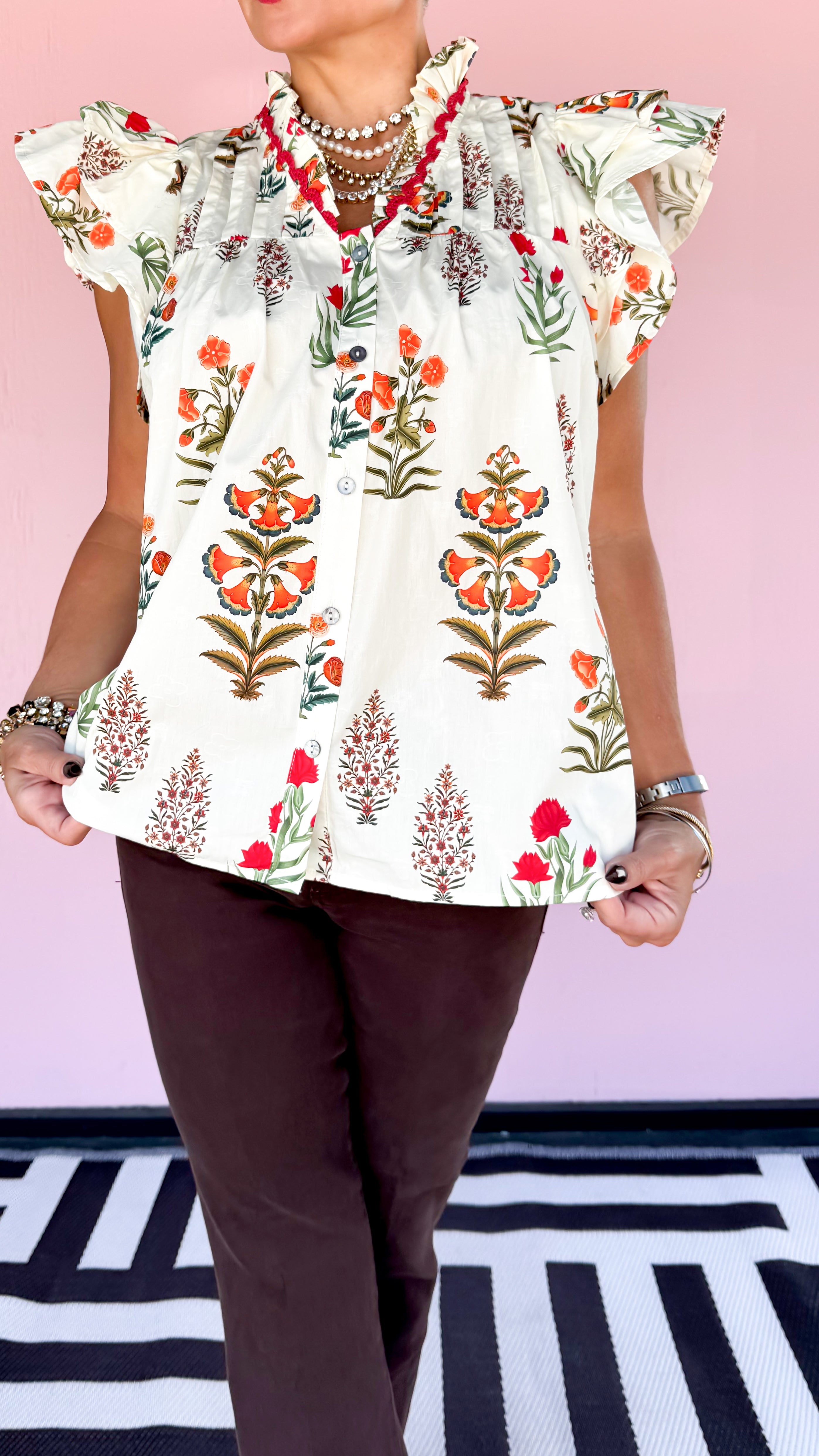 Carnation Flutter Sleeve Top/Cream - The BLVD