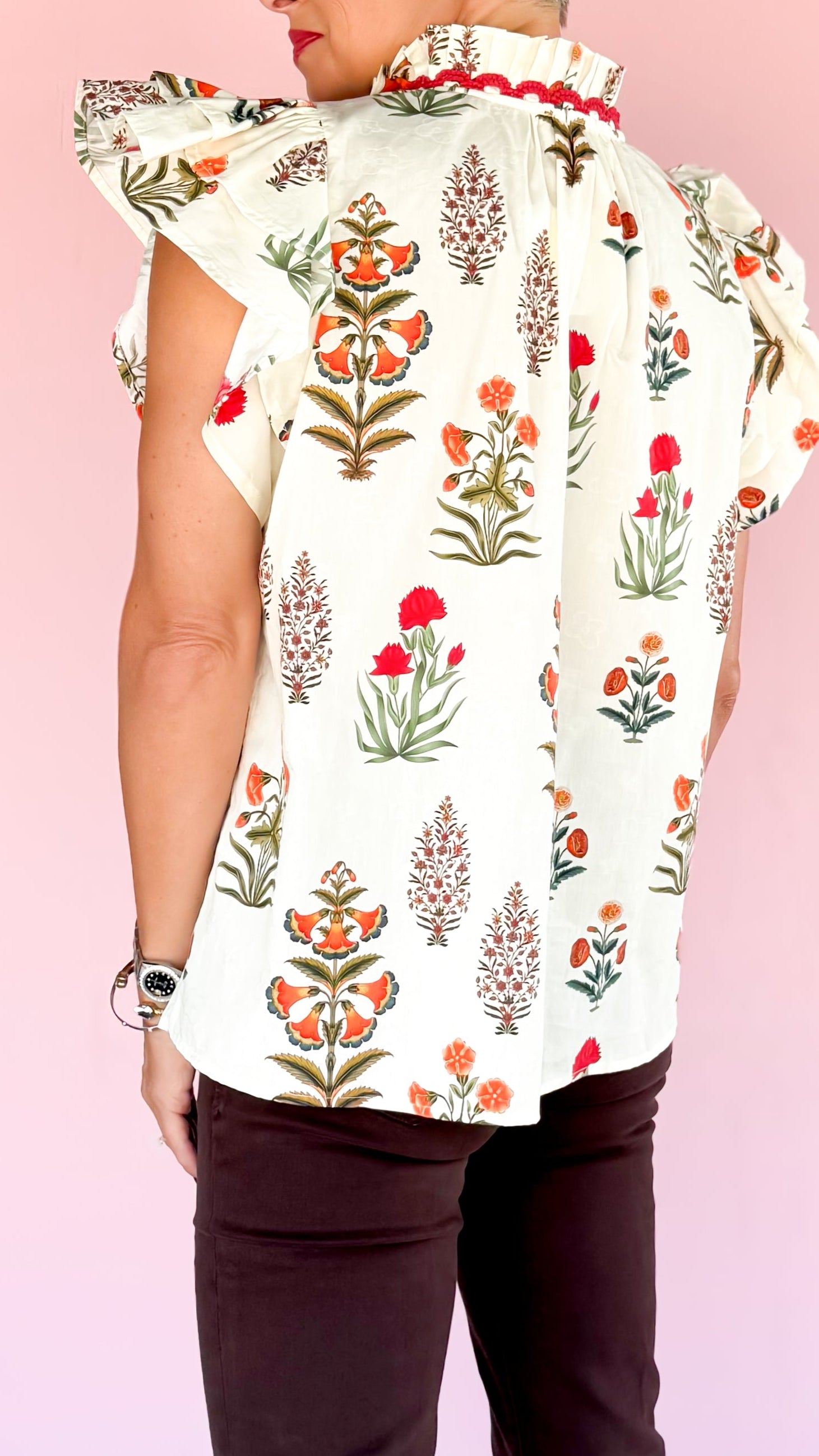Carnation Flutter Sleeve Top/Cream - The BLVD