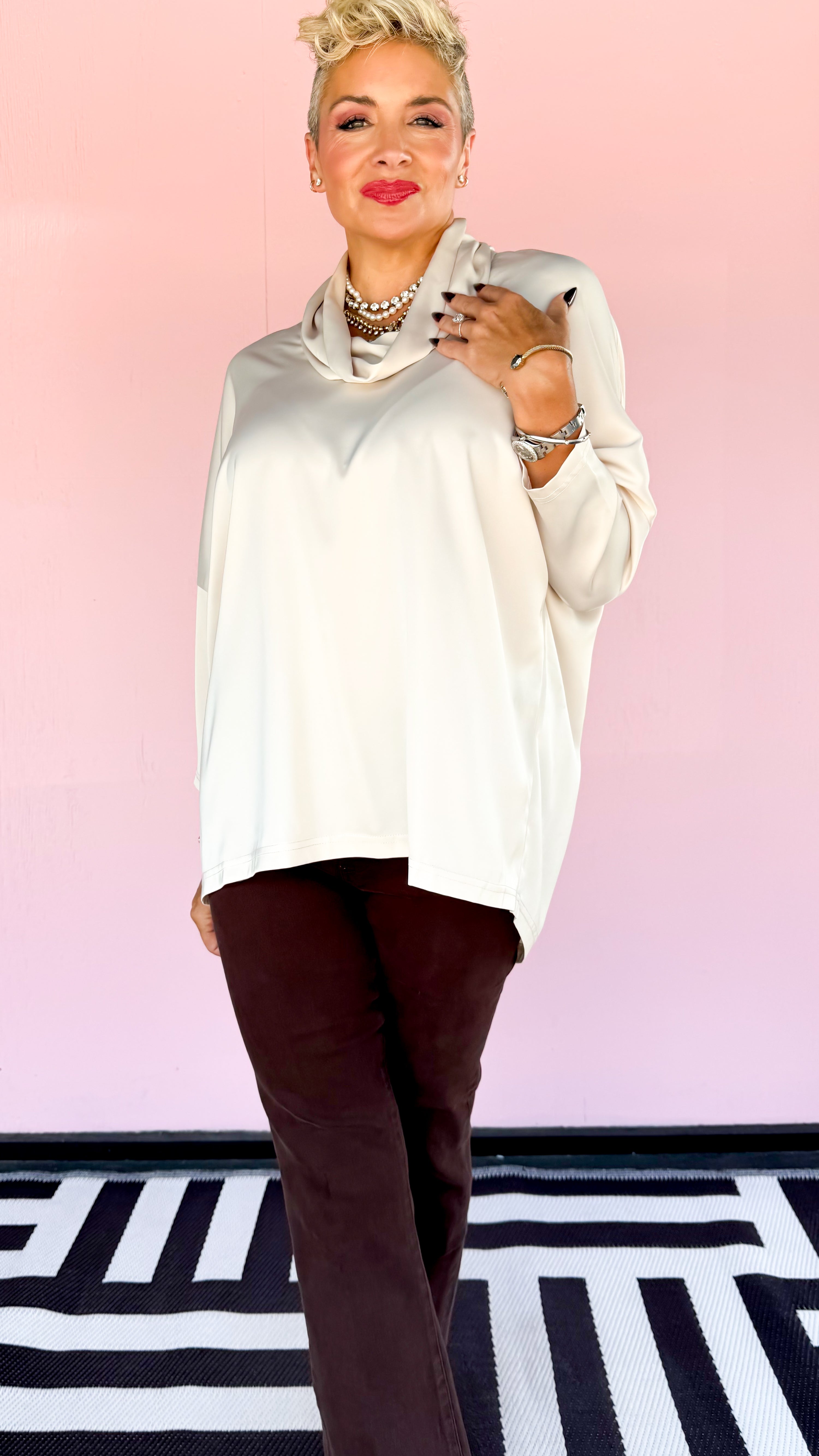 Cowl Neck Satin Top/Cream - The BLVD