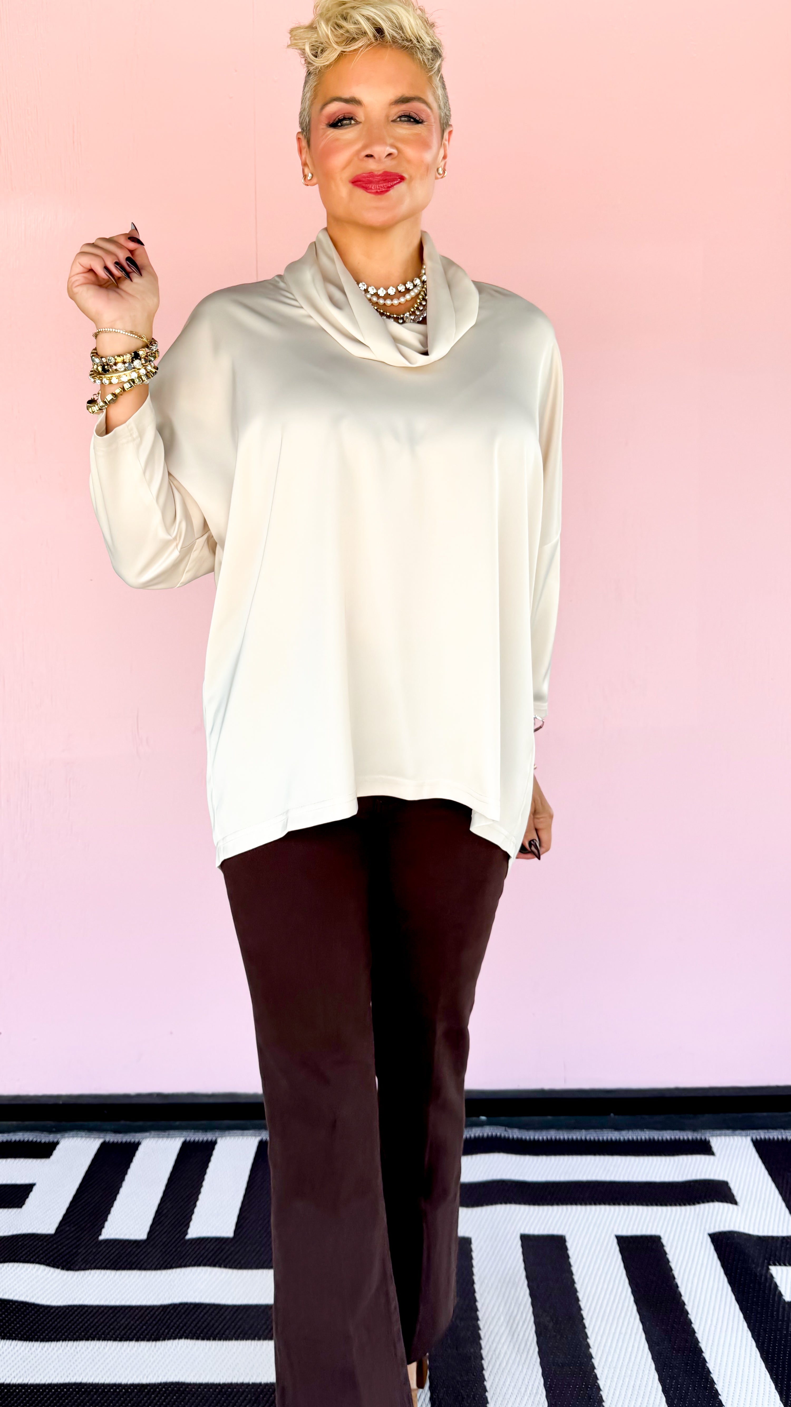 Cowl Neck Satin Top/Cream - The BLVD