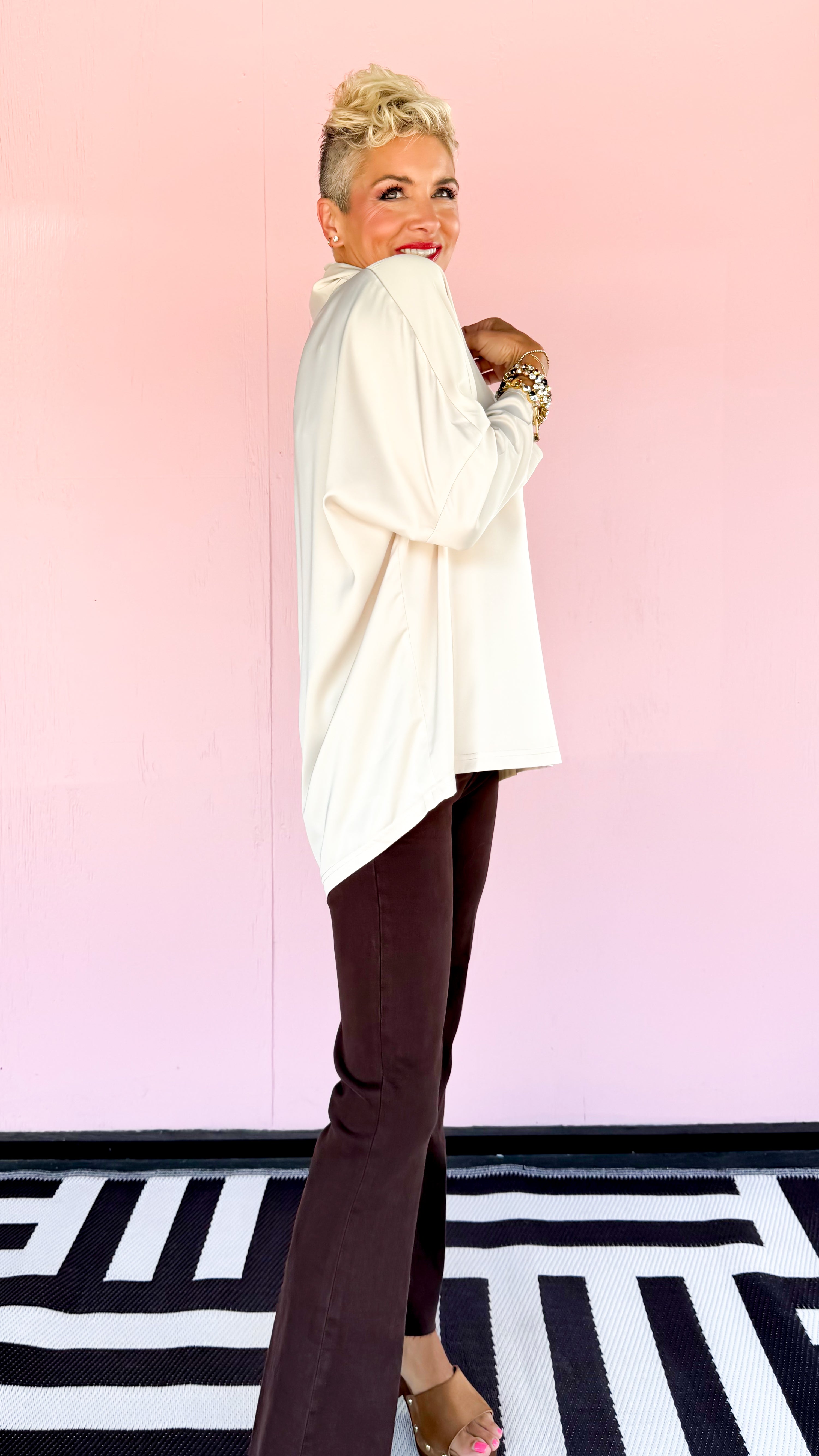 Cowl Neck Satin Top/Cream - The BLVD
