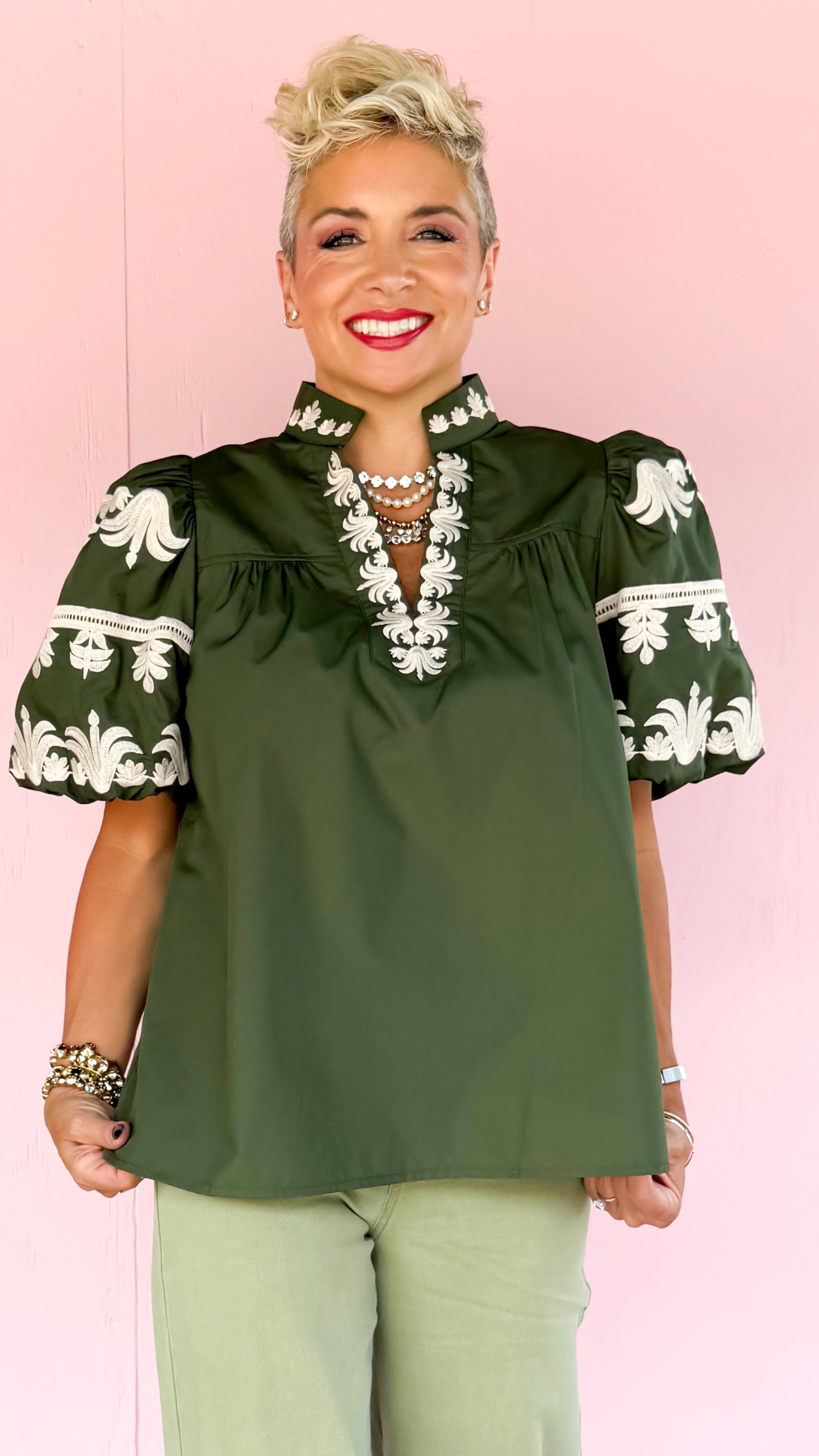 Embroidered Bubble Sleeve Top/Green - The BLVD