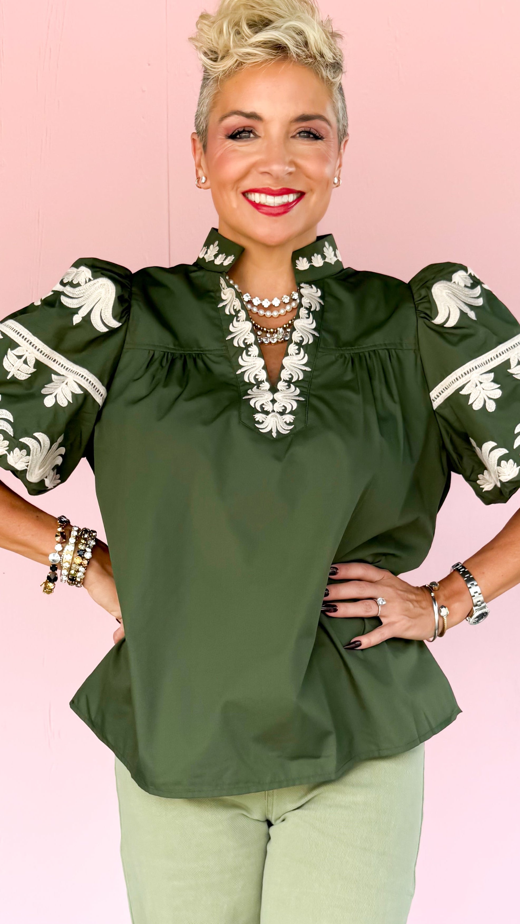Embroidered Bubble Sleeve Top/Green - The BLVD