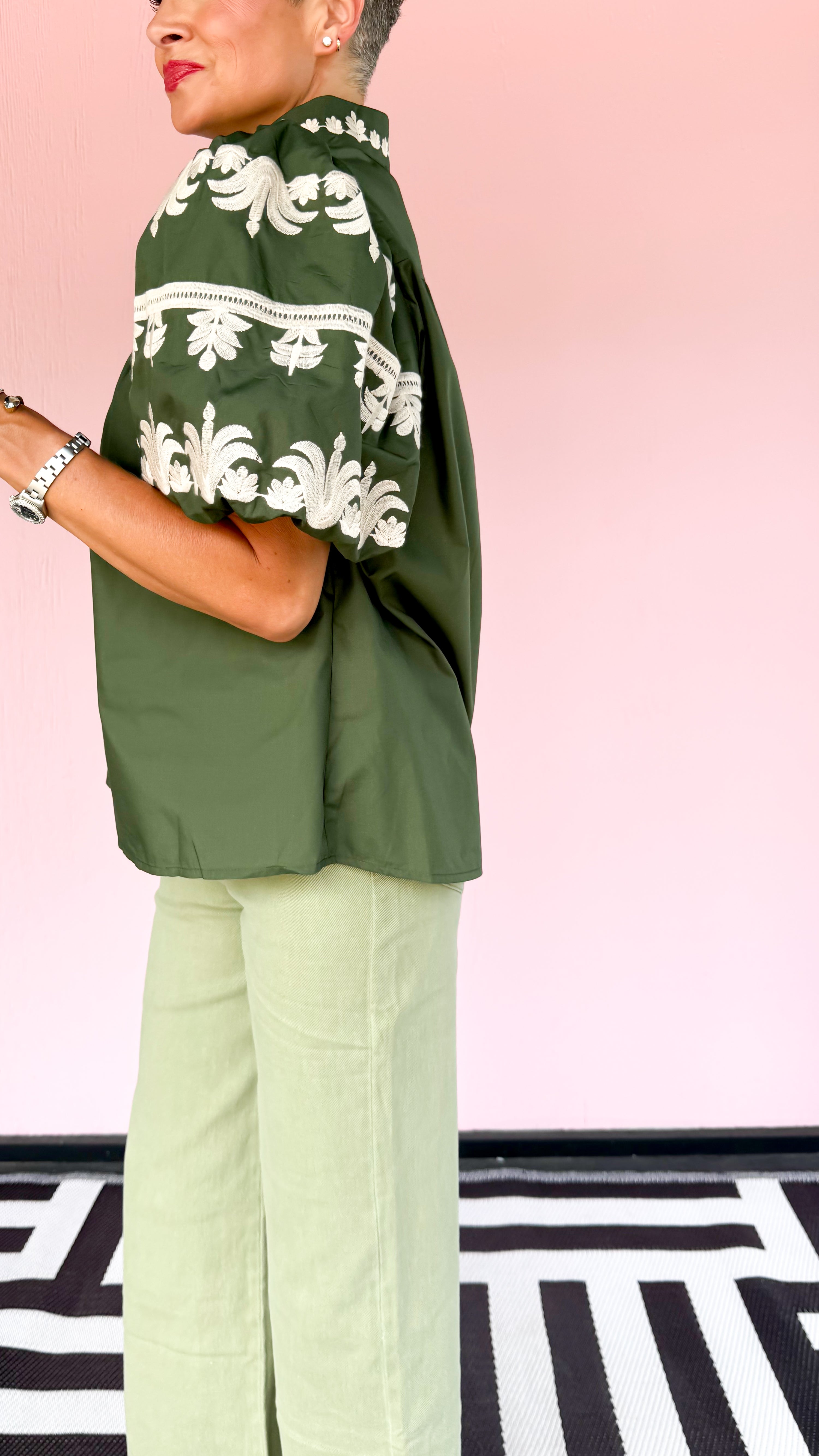 Embroidered Bubble Sleeve Top/Green - The BLVD