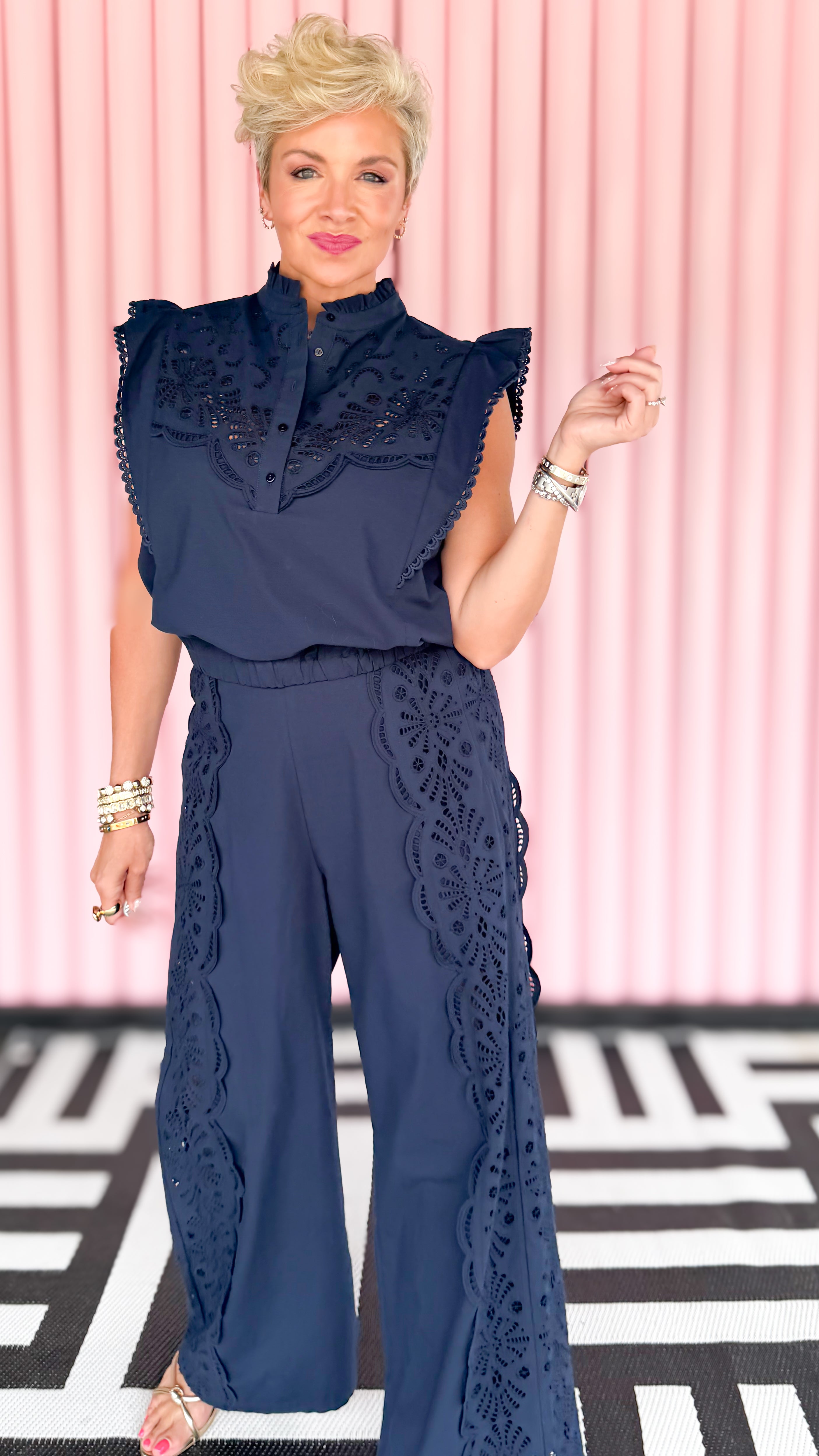 Jules Eyelet Panel Pants/Navy