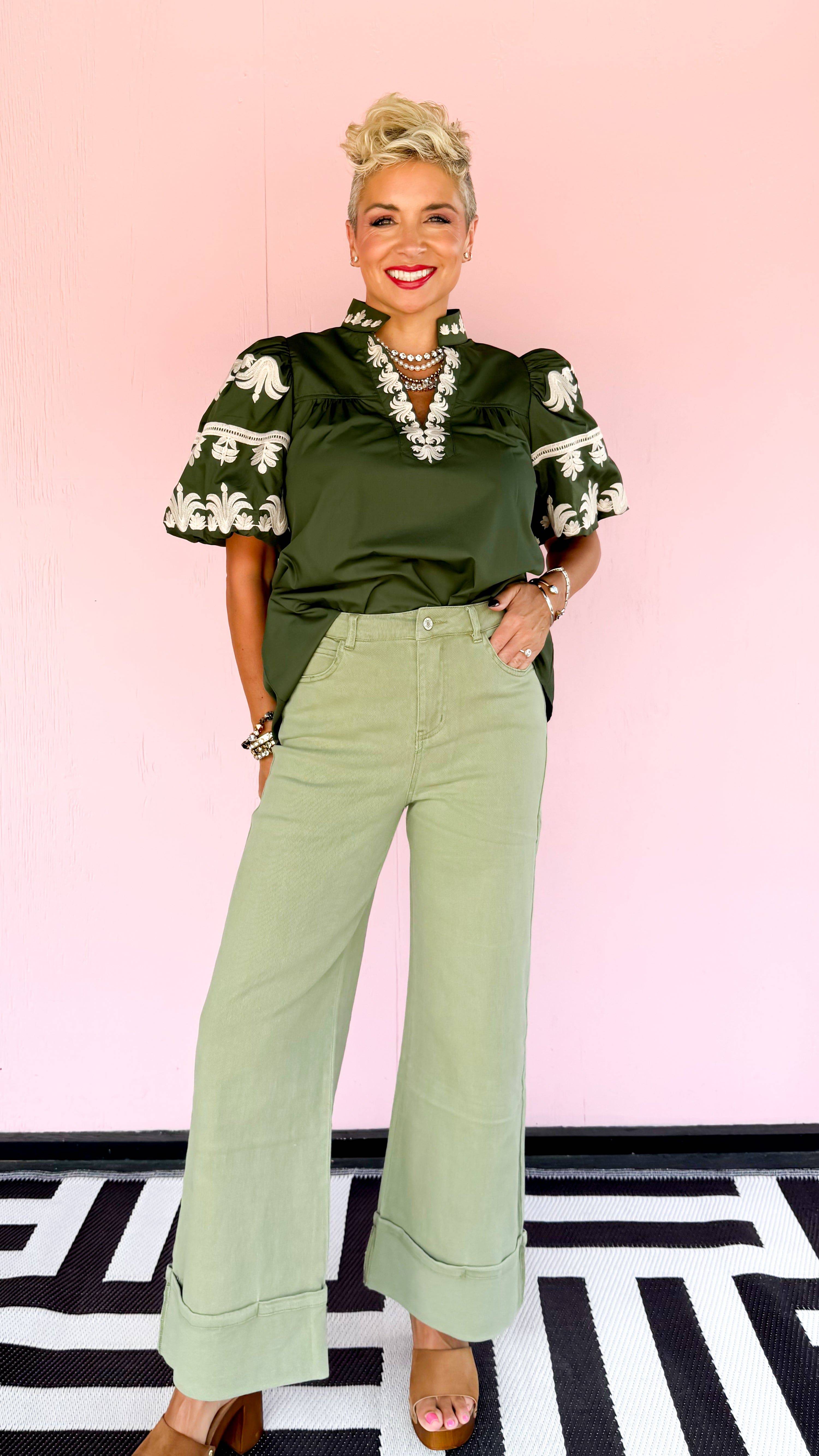 Wide Leg Cuffed Jean/Olive - The BLVD