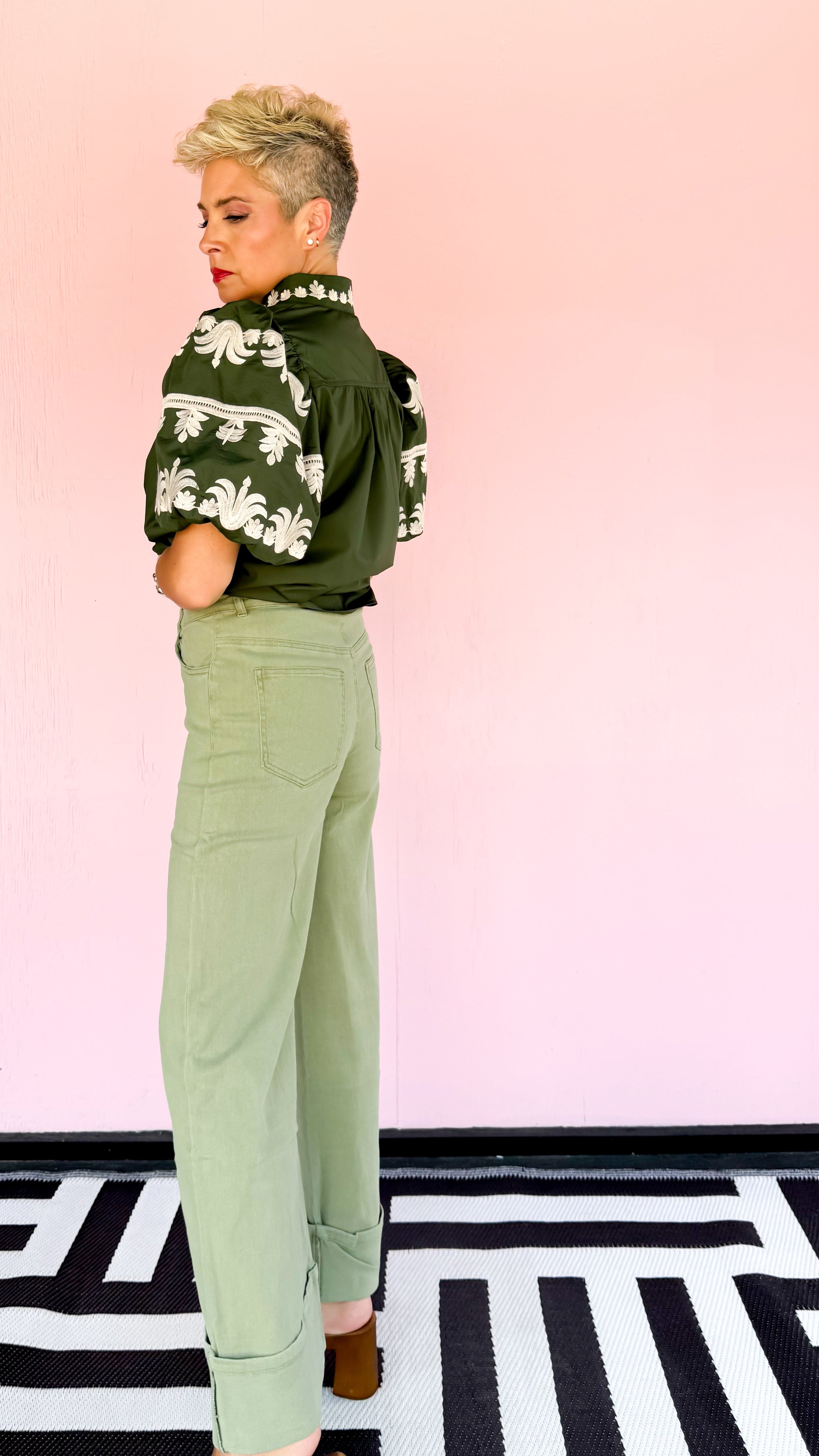Wide Leg Cuffed Jean/Olive - The BLVD