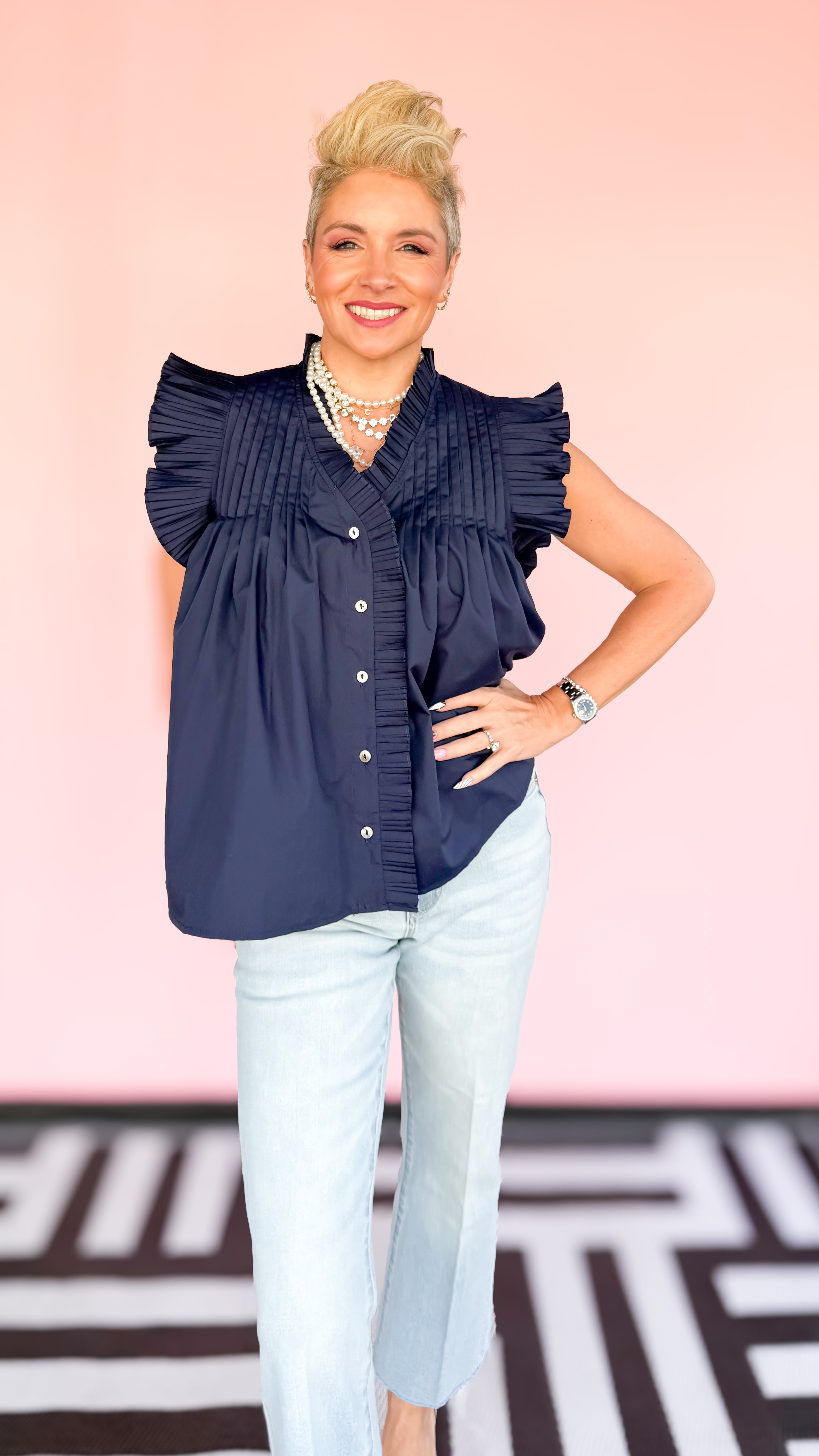 Pleated Flutter Sleeve Top/Navy