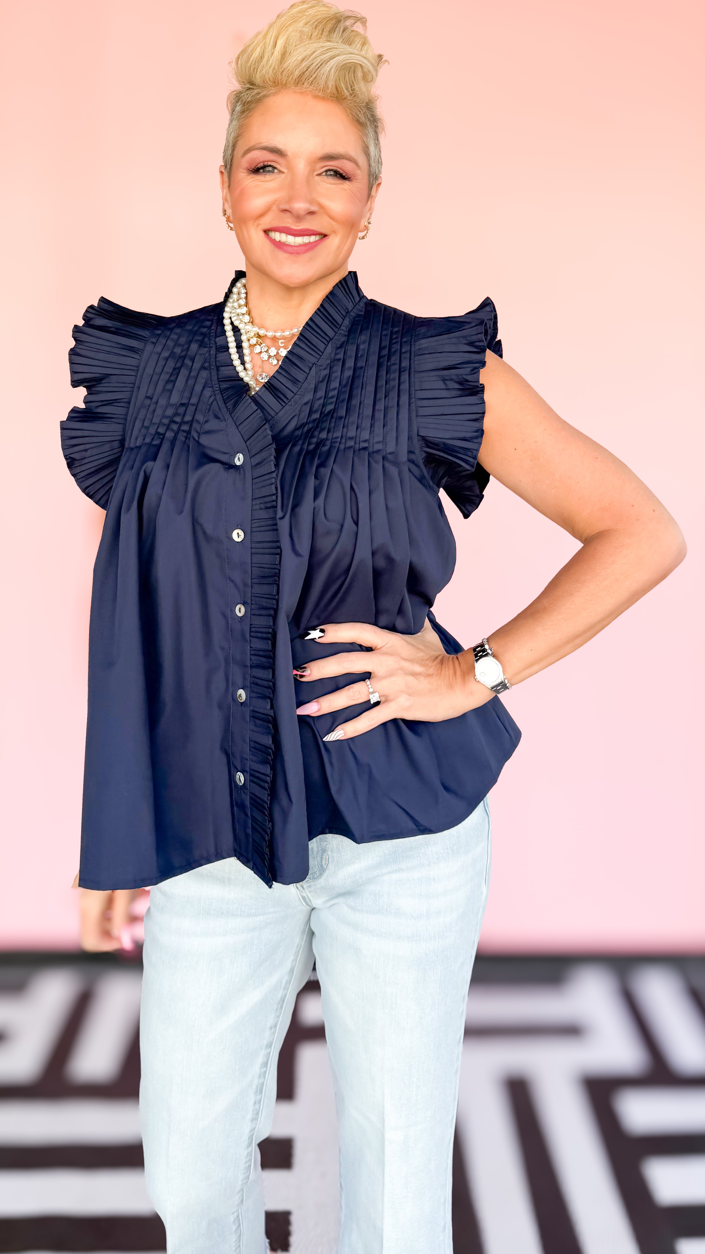 Pleated Flutter Sleeve Top/Navy