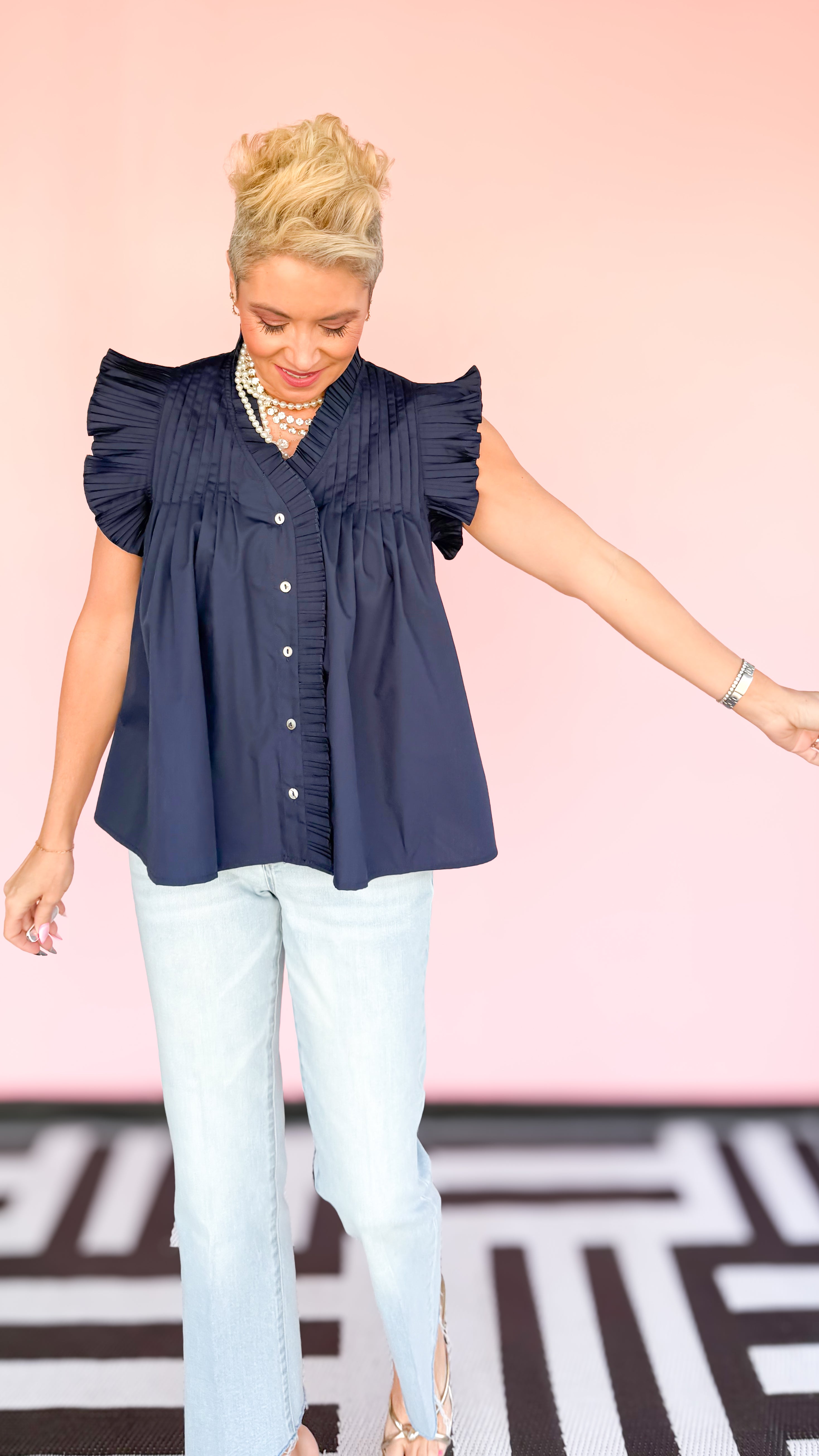 Pleated Flutter Sleeve Top/Navy