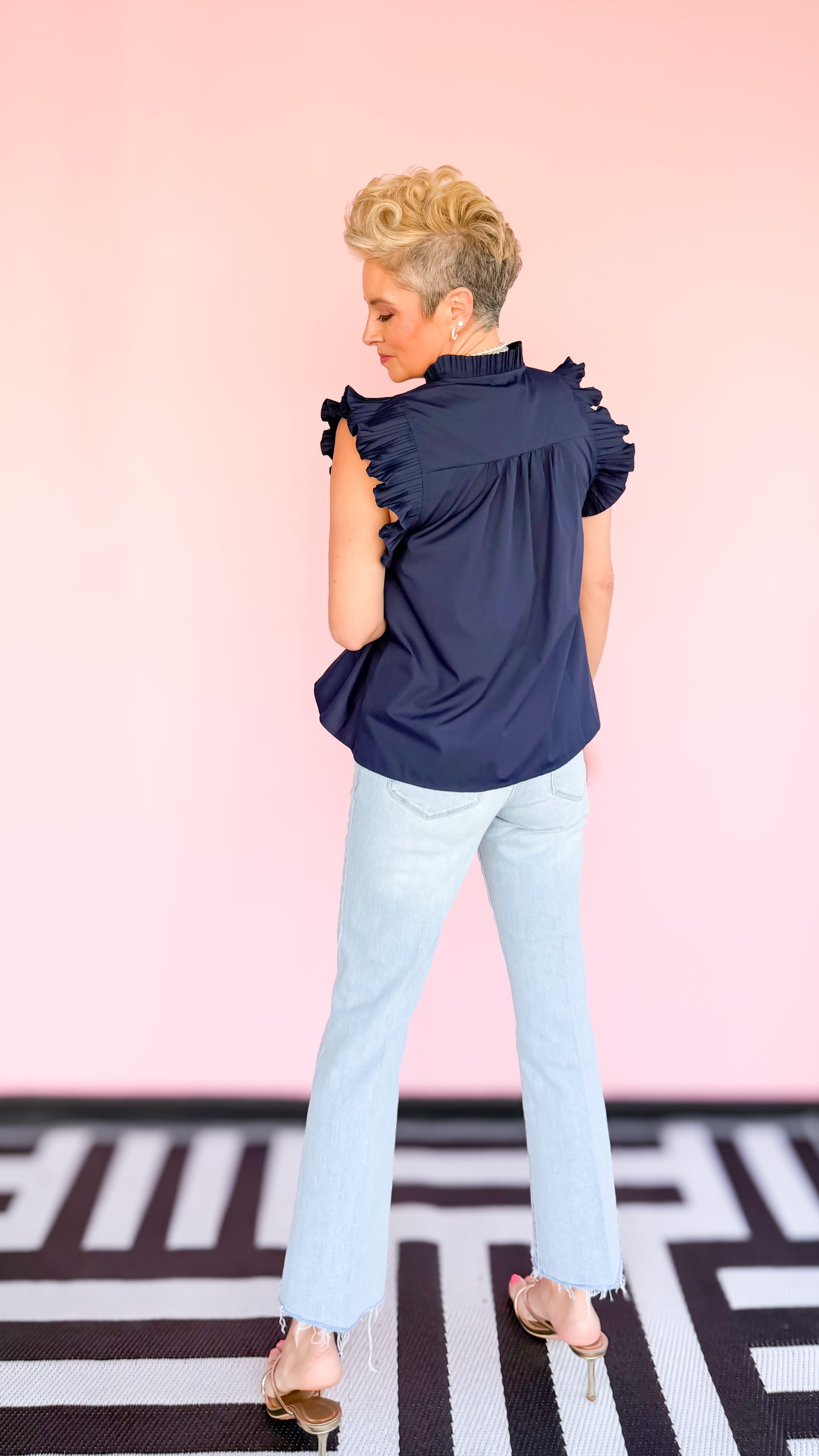 Pleated Flutter Sleeve Top/Navy