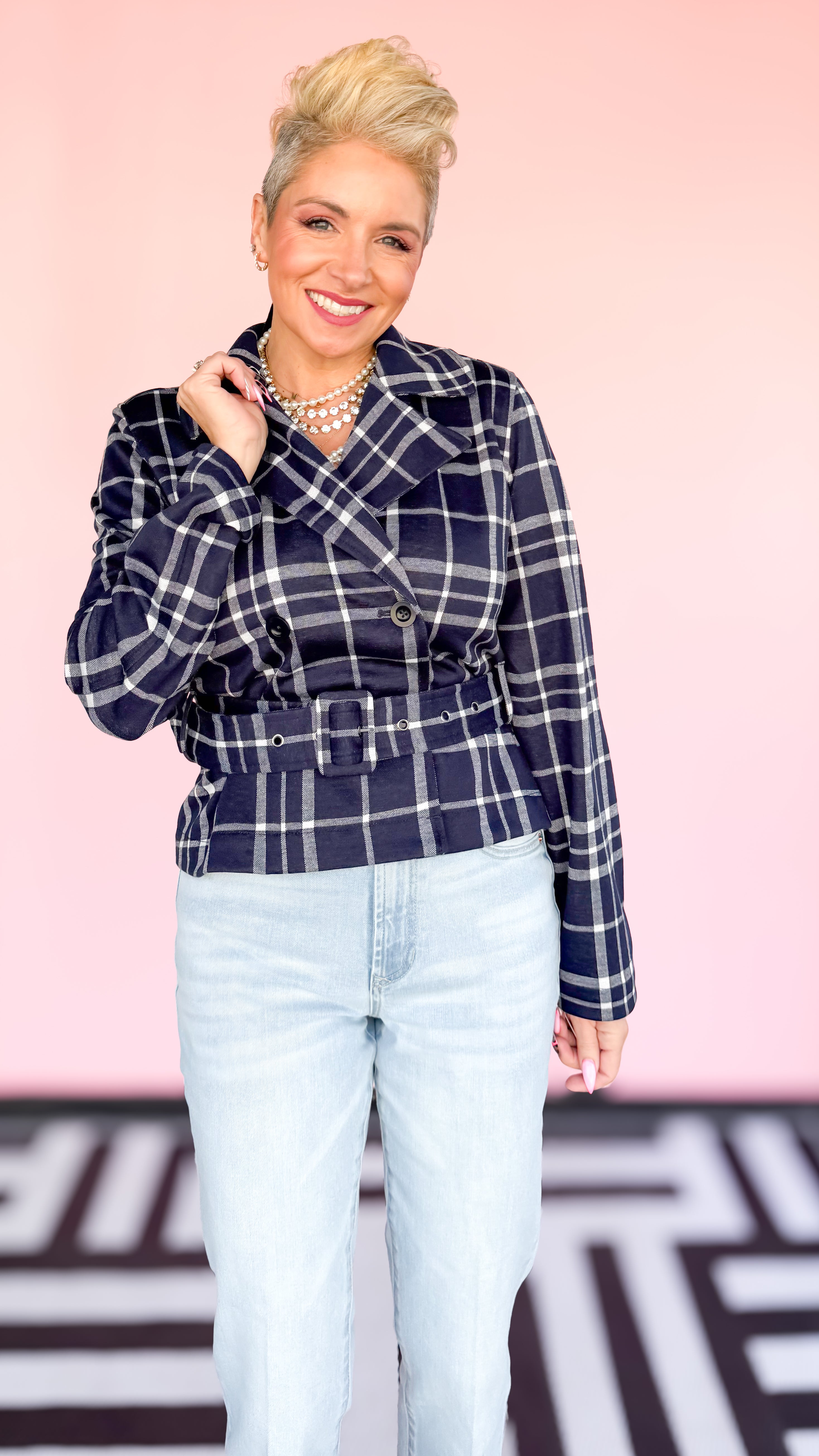 Cropped Plaid Trench Coat/Navy