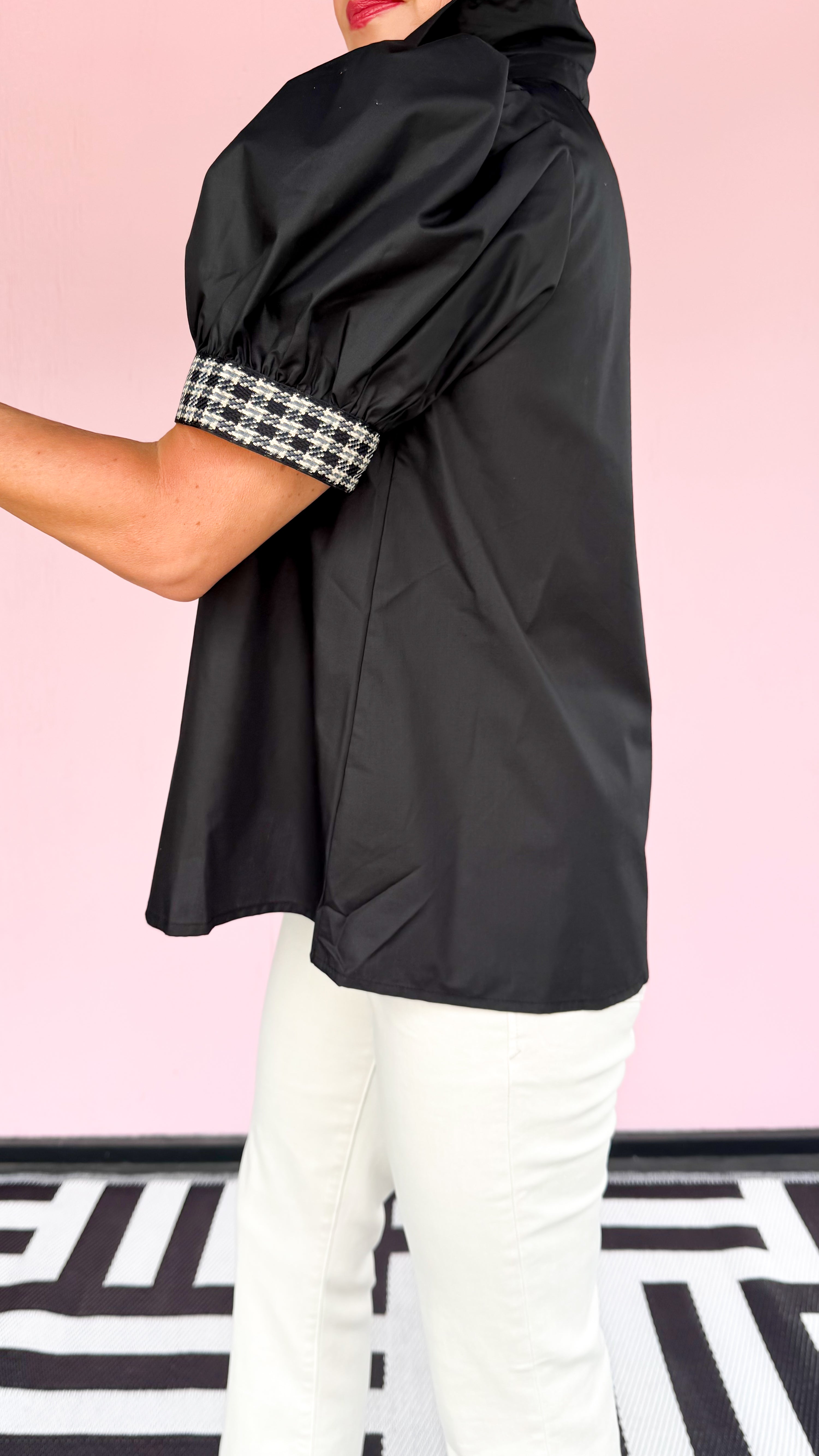 Tweed Trim V Neck Top/Black - The BLVD