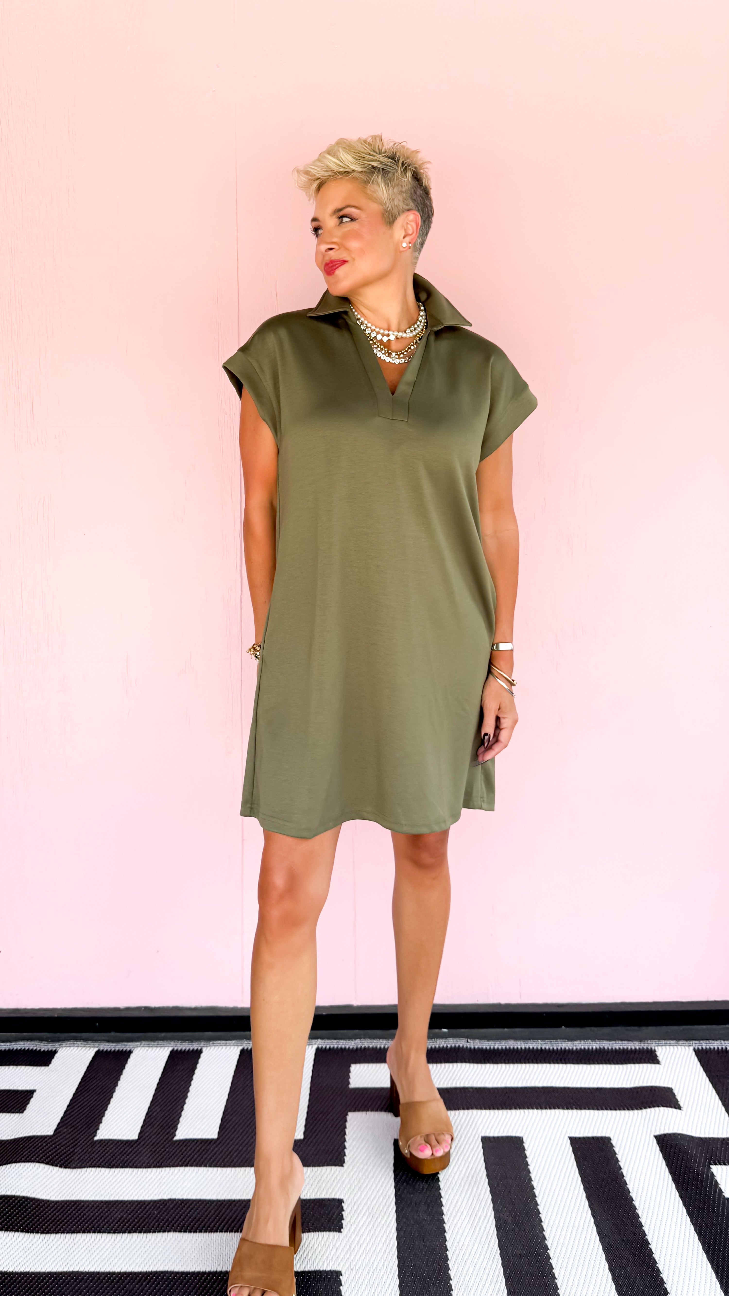 V-neck Cap Sleeve Knit Dress/Olive - The BLVD