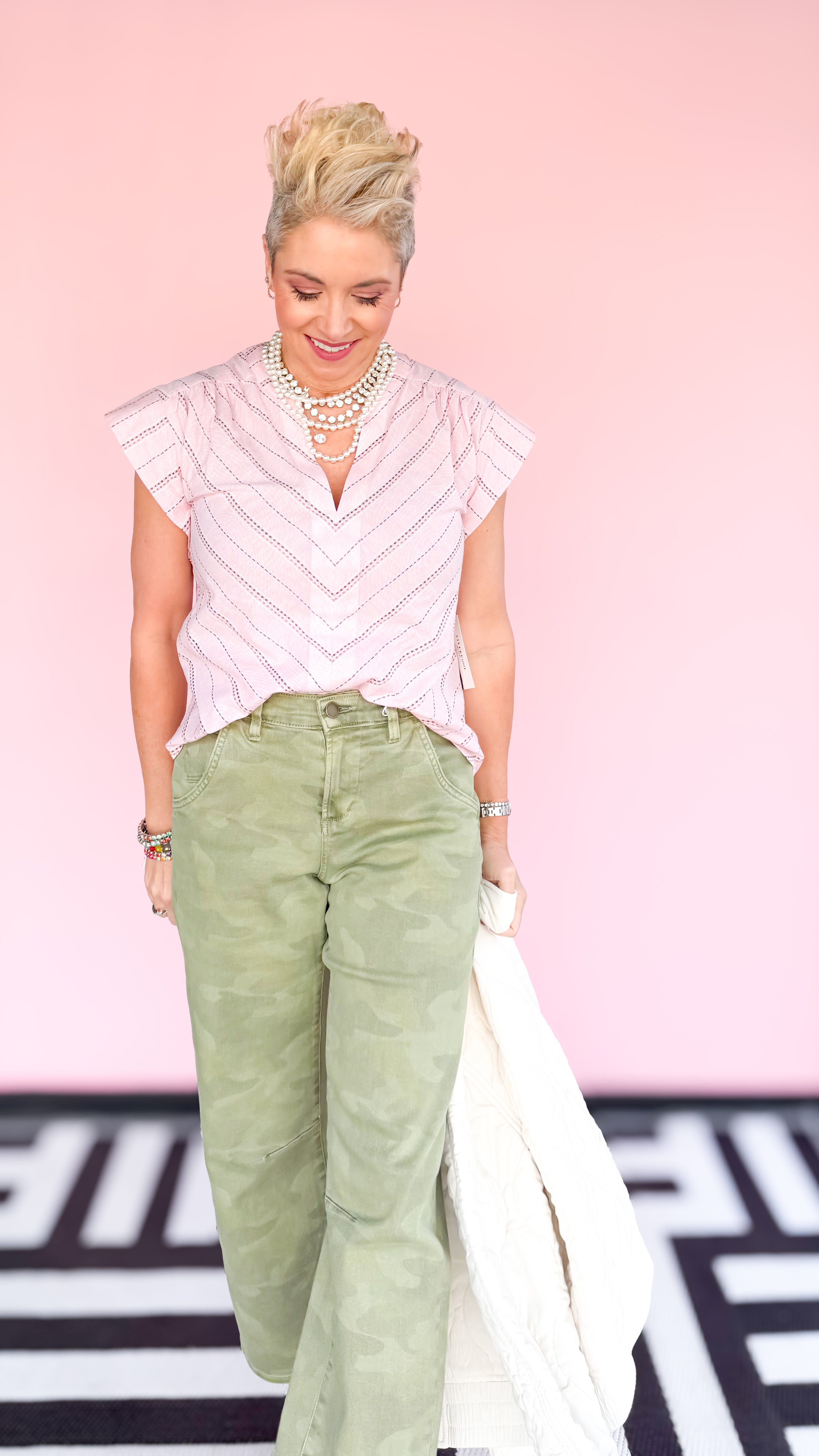 Chevron Stitch Popover Top/Pink