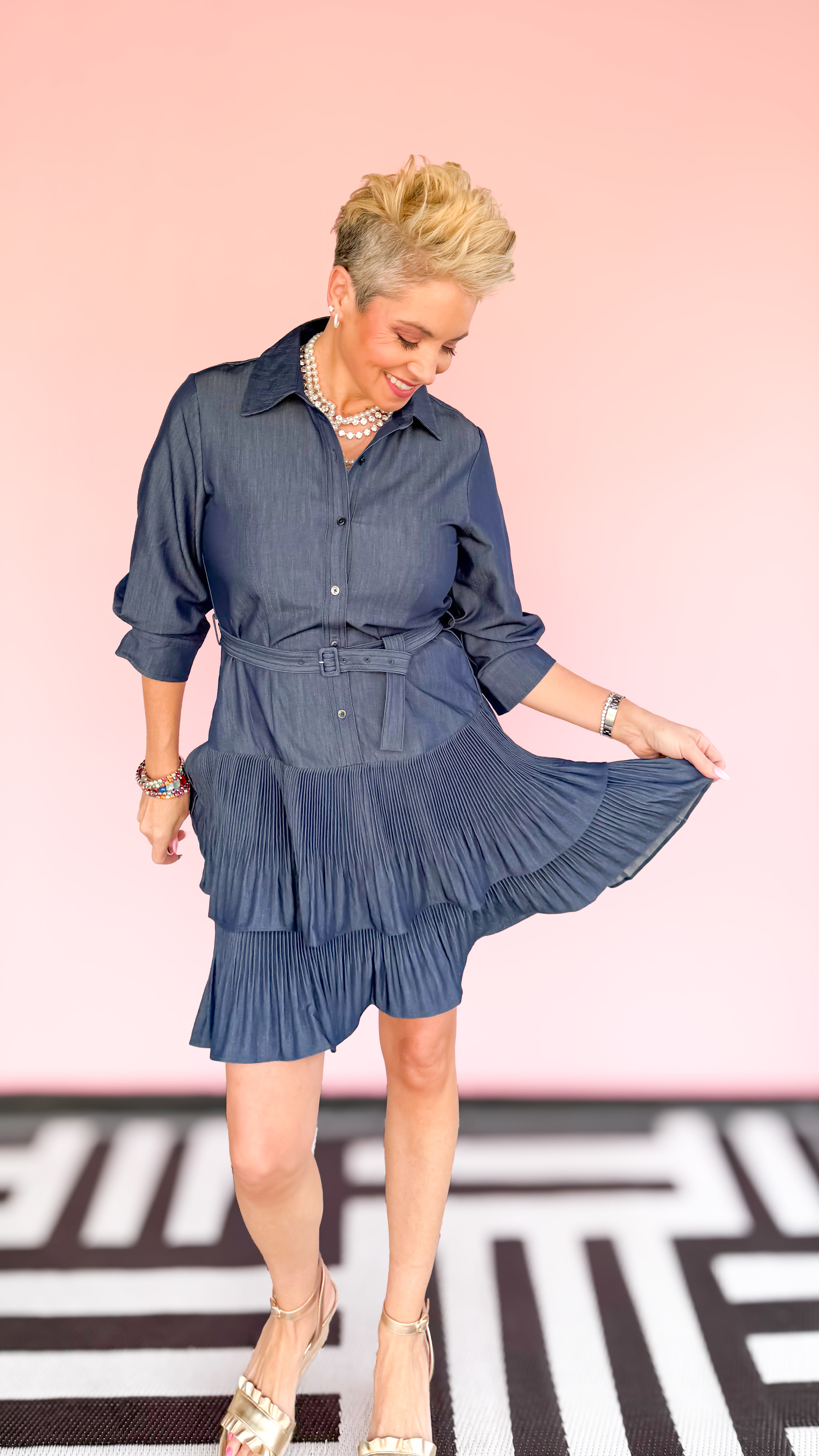 Denim Mini Shirt Dress w/Pleats