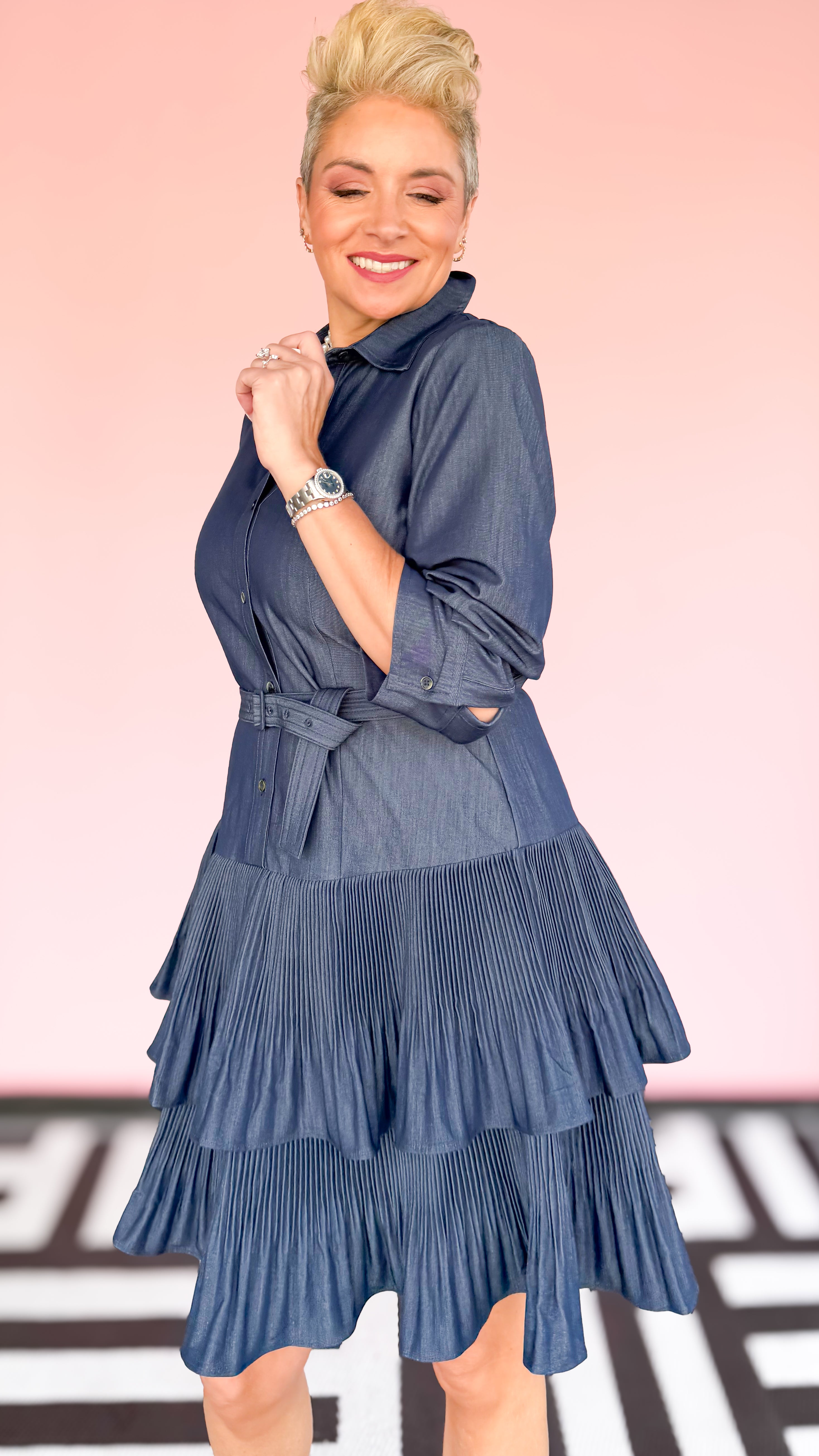Denim Mini Shirt Dress w/Pleats