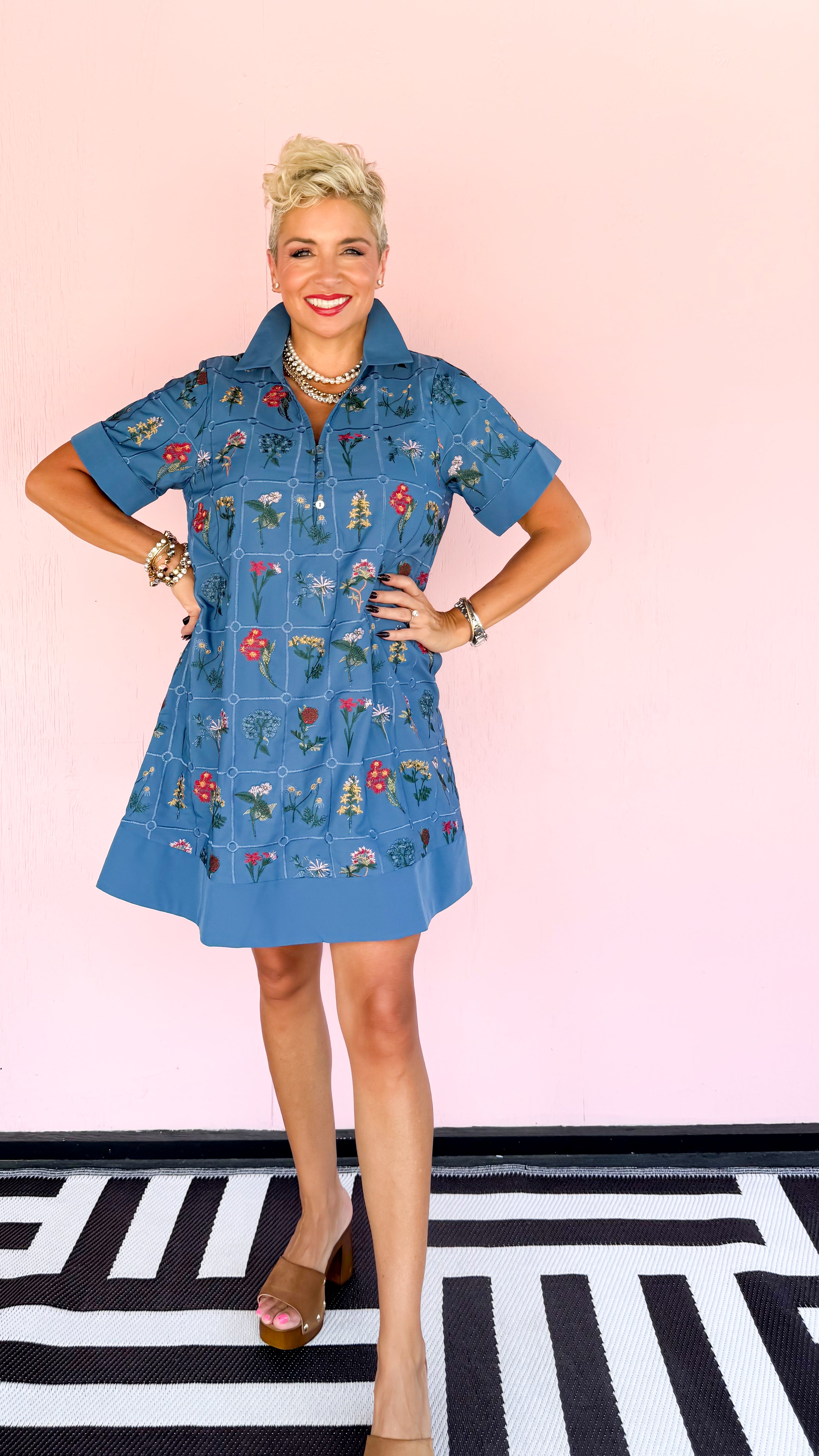 Windowpane Mini Floral Dress/Blue - The BLVD