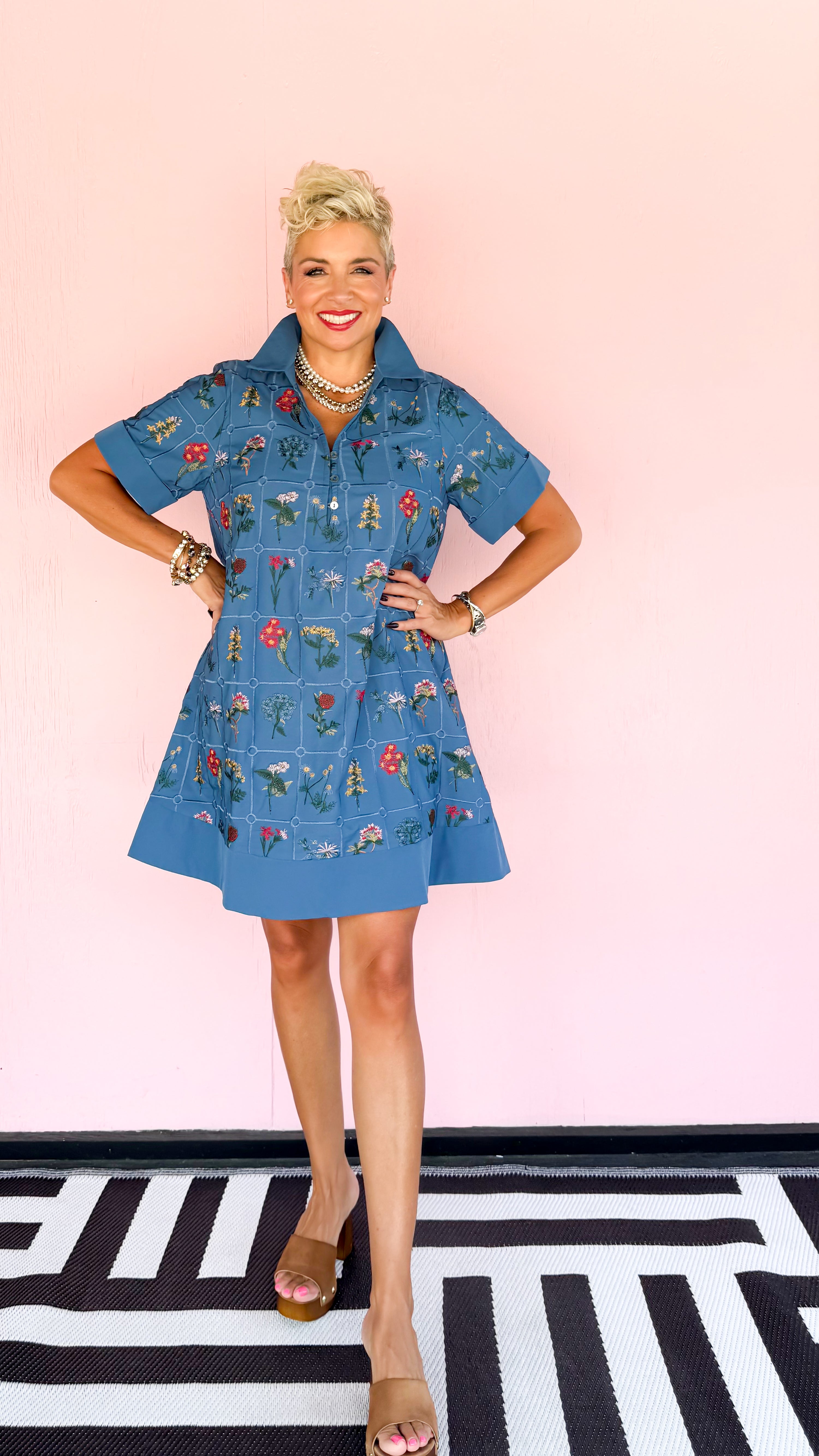 Windowpane Mini Floral Dress/Blue - The BLVD