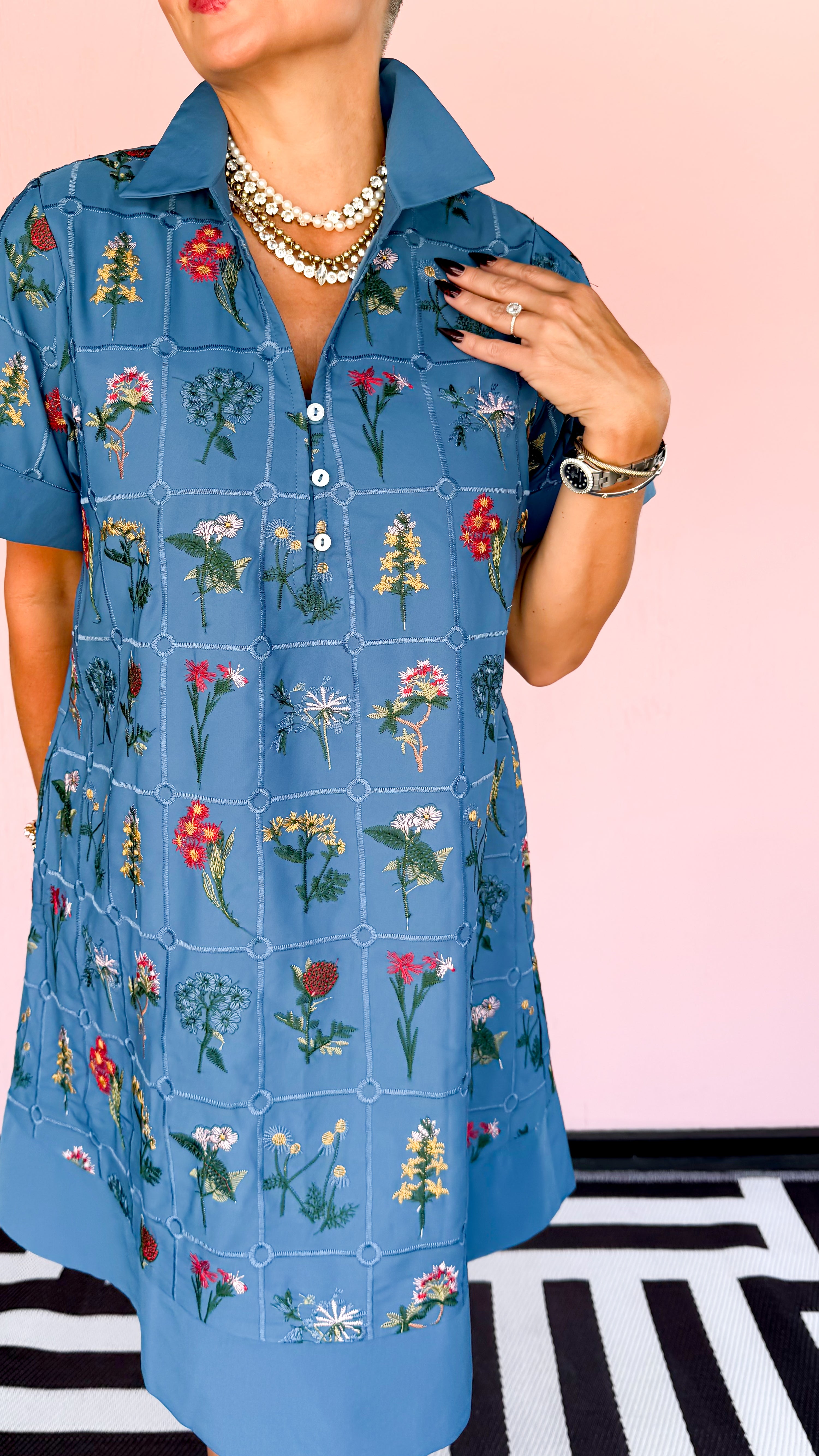 Windowpane Mini Floral Dress/Blue - The BLVD