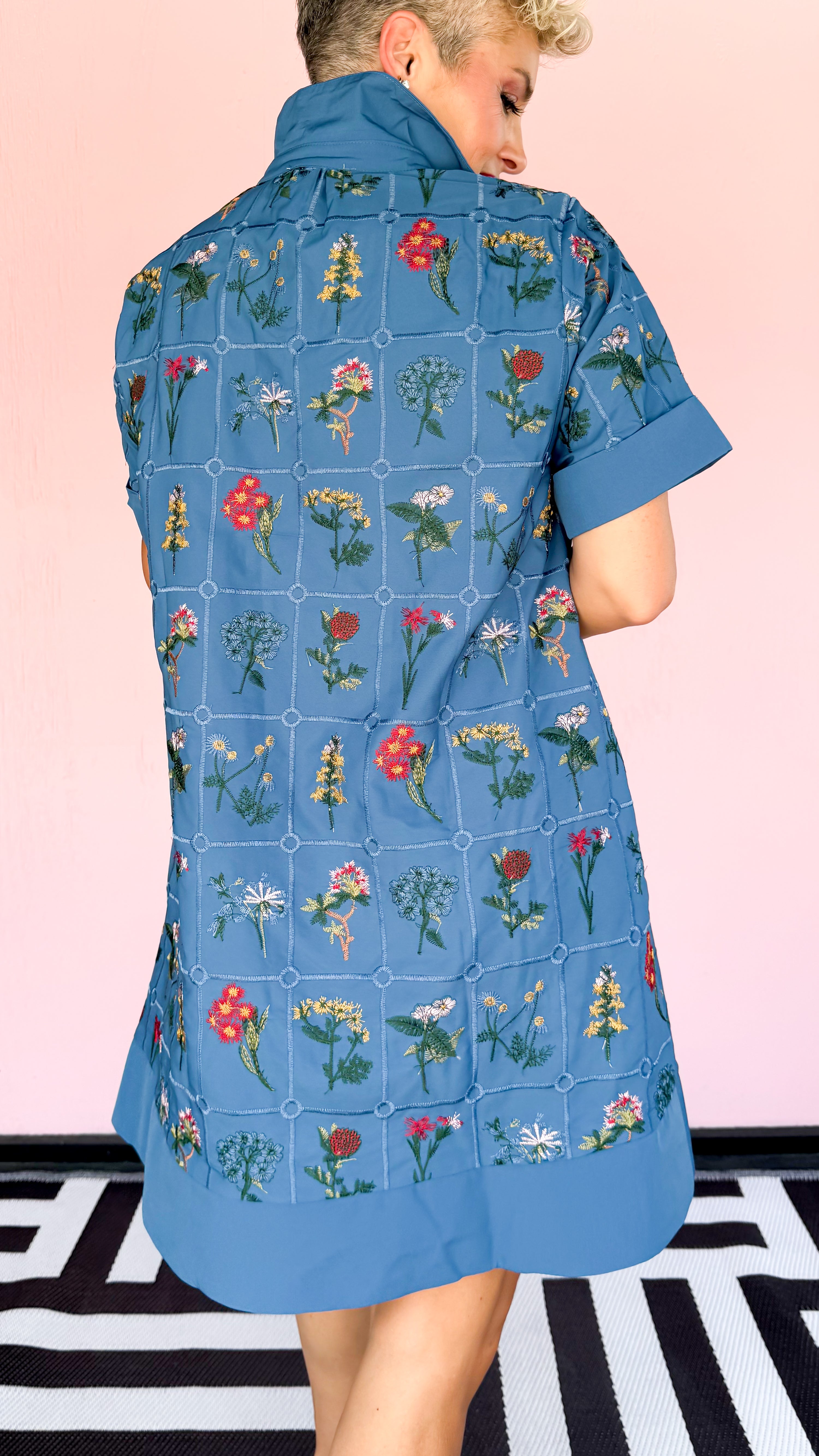 Windowpane Mini Floral Dress/Blue - The BLVD