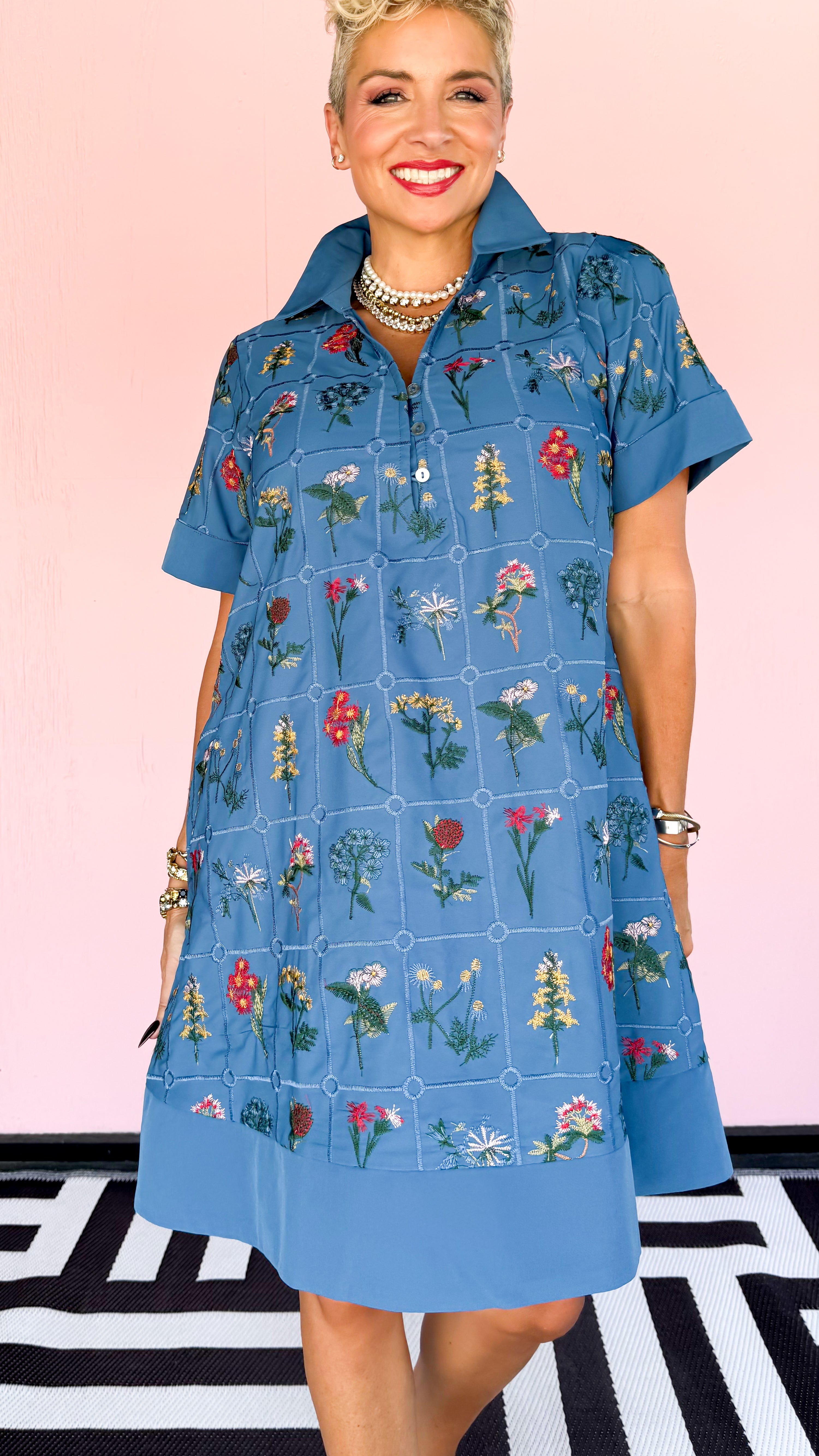 Windowpane Mini Floral Dress/Blue - The BLVD