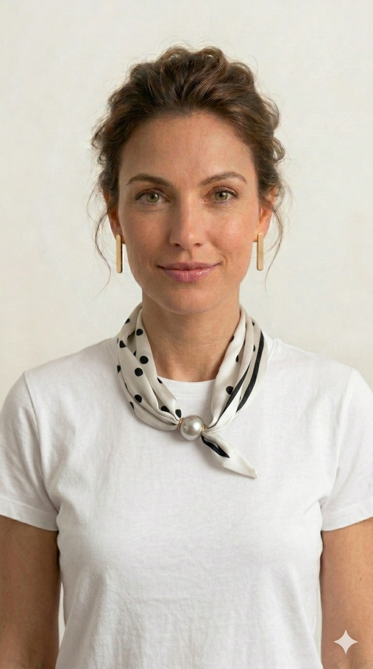 Woman wearing a white shirt and polka dot scarf with a pearl, against a plain background