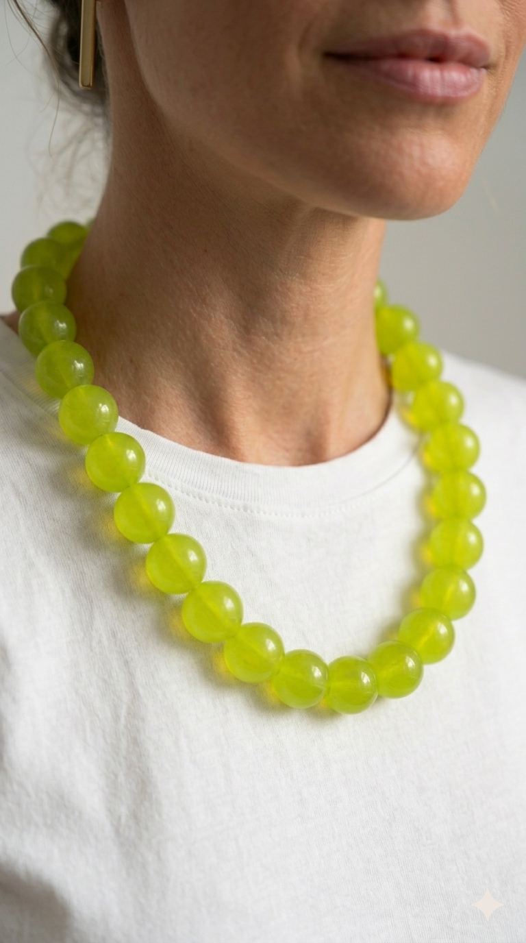 Necklace with green beads worn by a person on a white background