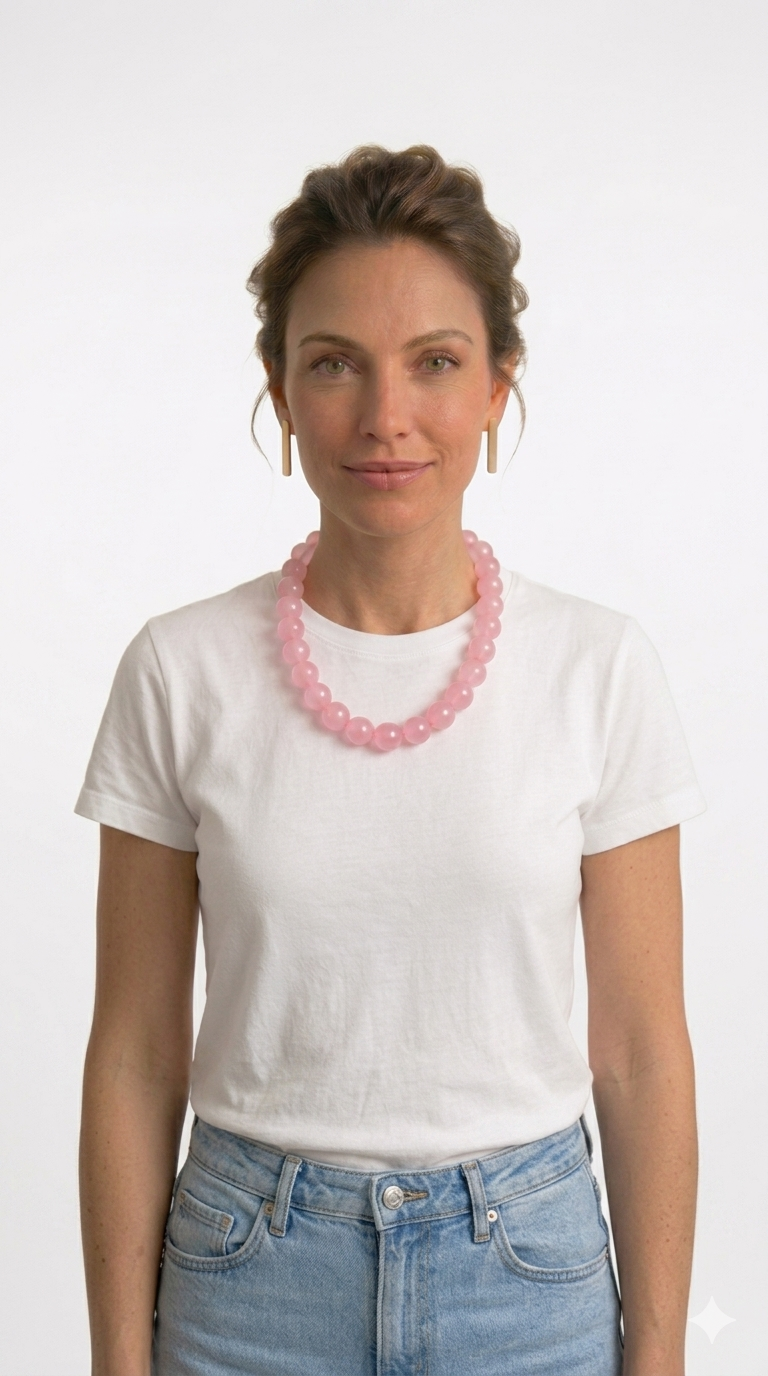 Woman wearing a white t-shirt and pink necklace against a white background