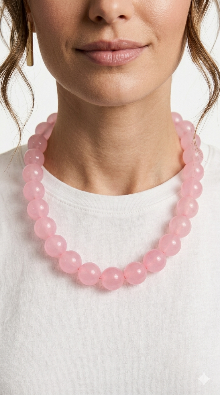 Person wearing a pink beaded necklace against a white background