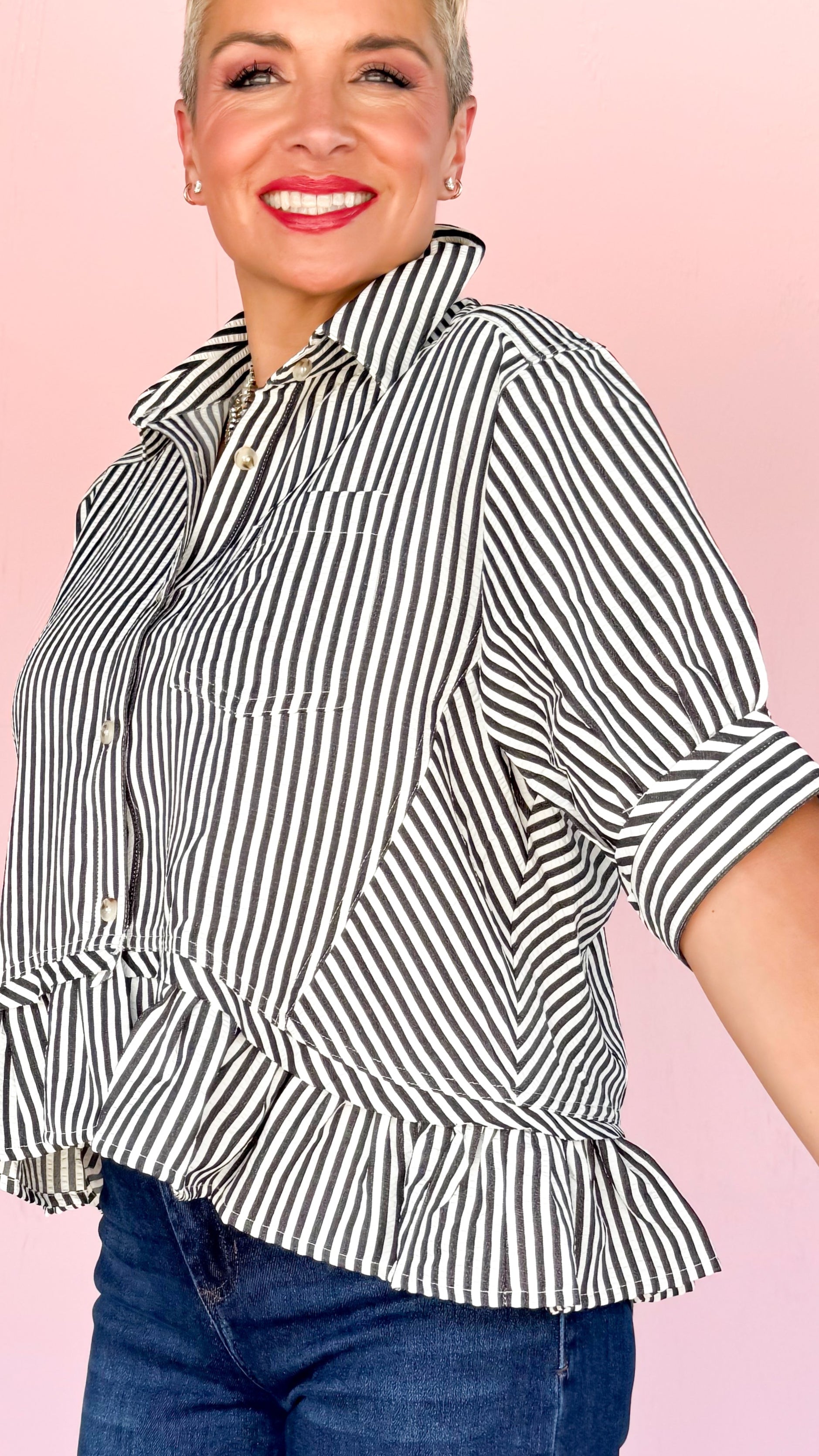 Seersucker Striped Top with Ruffle/Black - The BLVD
