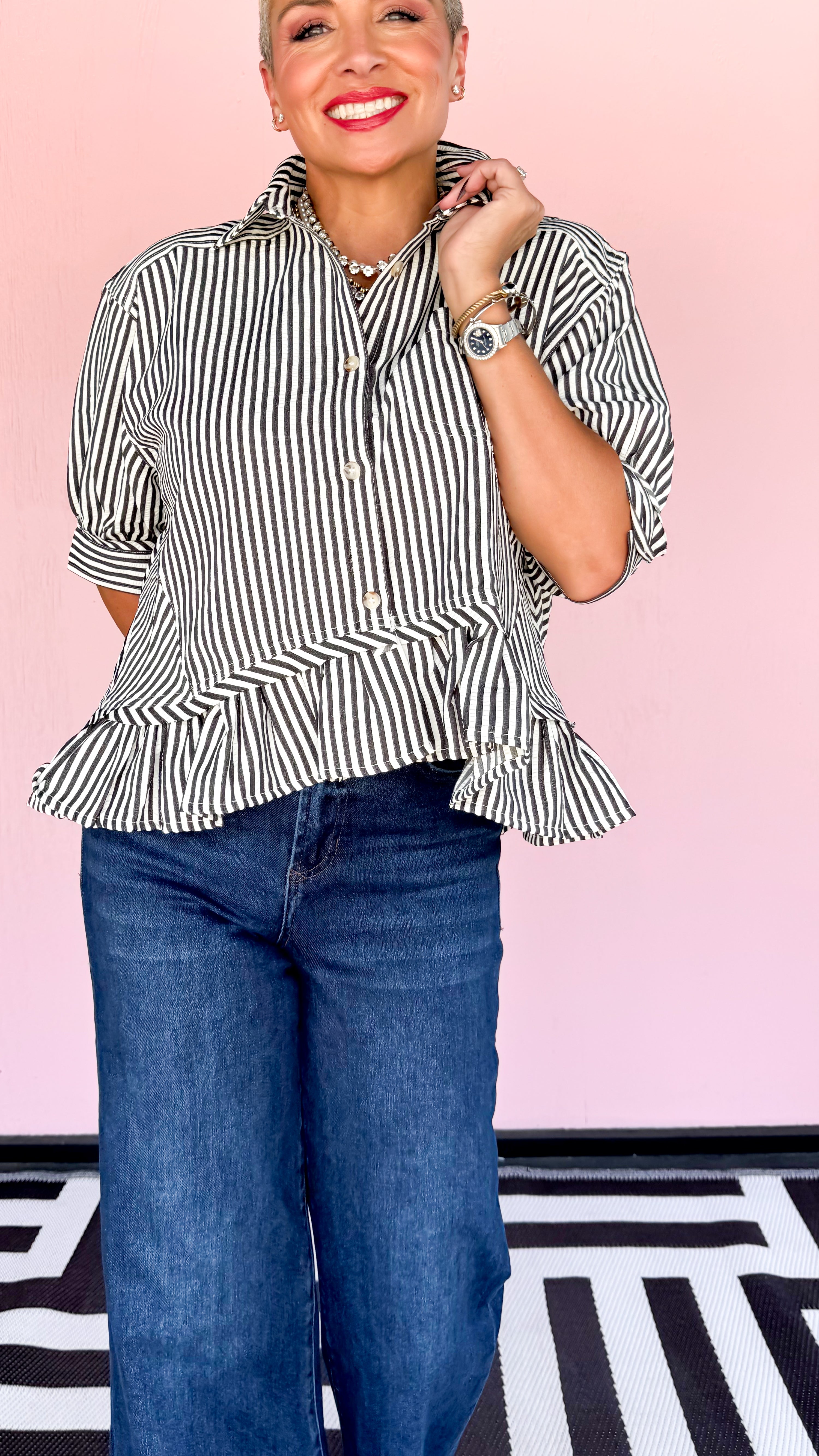 Seersucker Striped Top with Ruffle/Black - The BLVD
