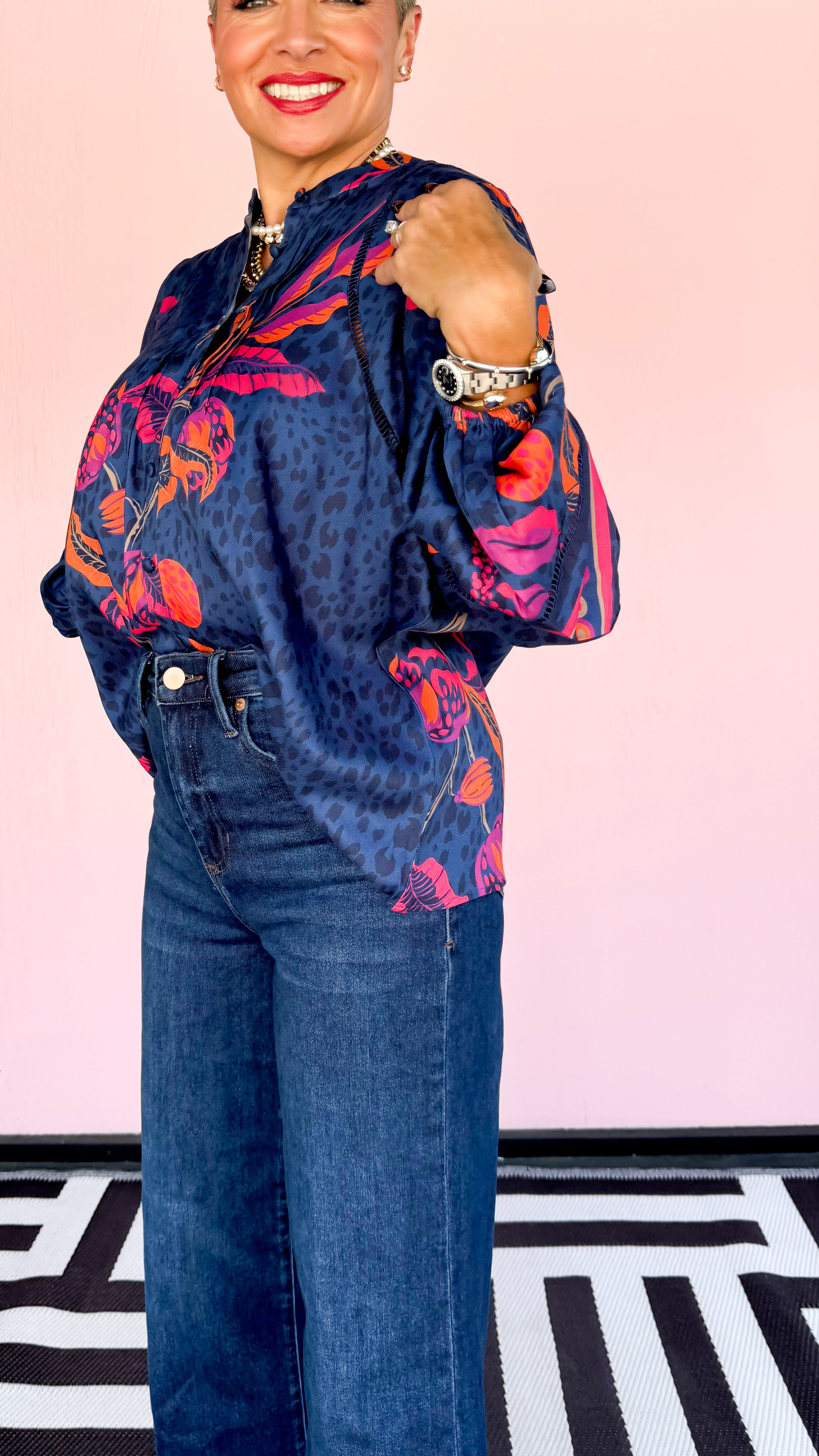 Martha Leopard Floral Top/ Navy - The BLVD