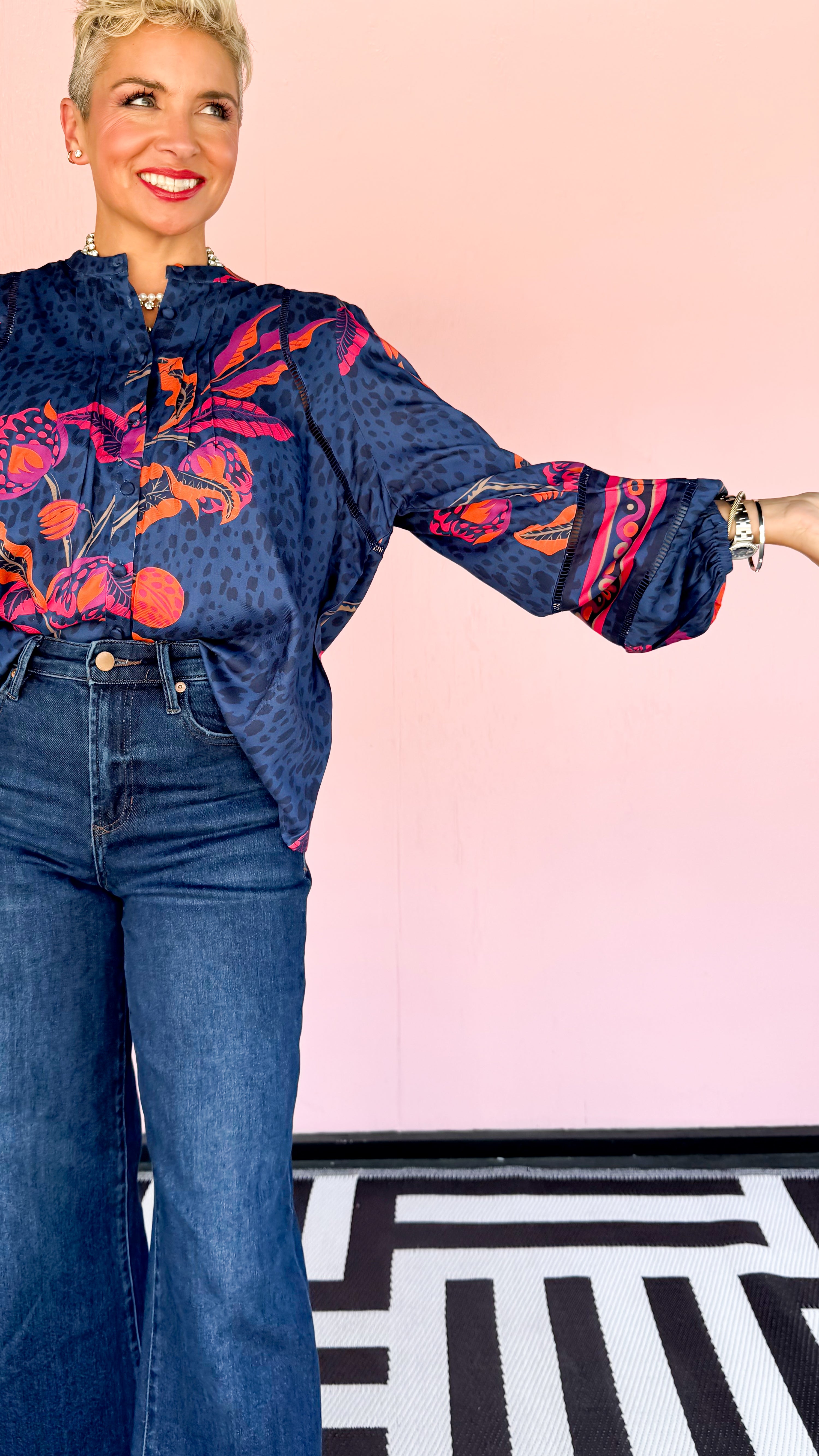 Martha Leopard Floral Top/ Navy - The BLVD