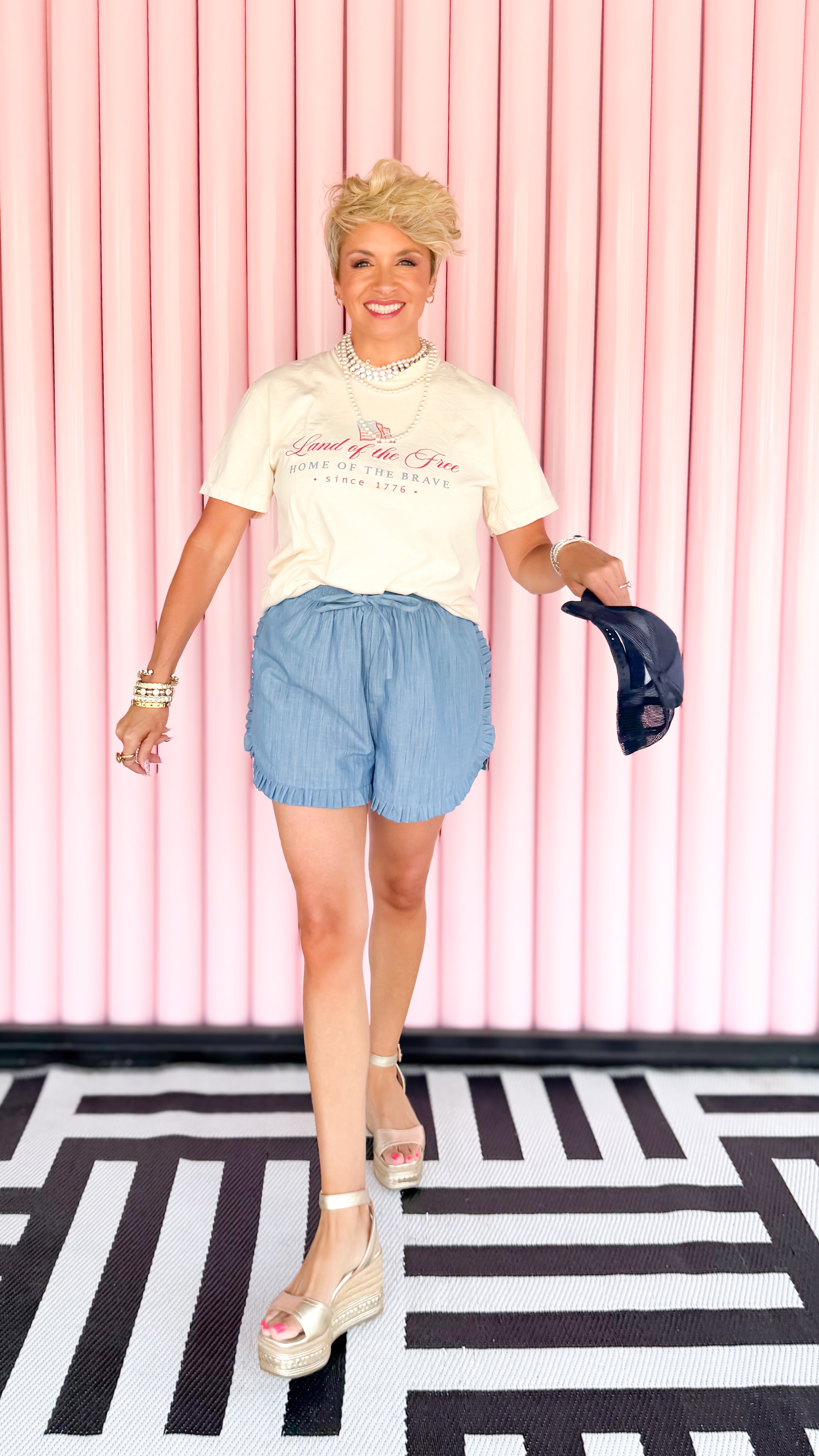Ruffle chambray pull-on shorts worn on model - styled view - BLVD Boutik
