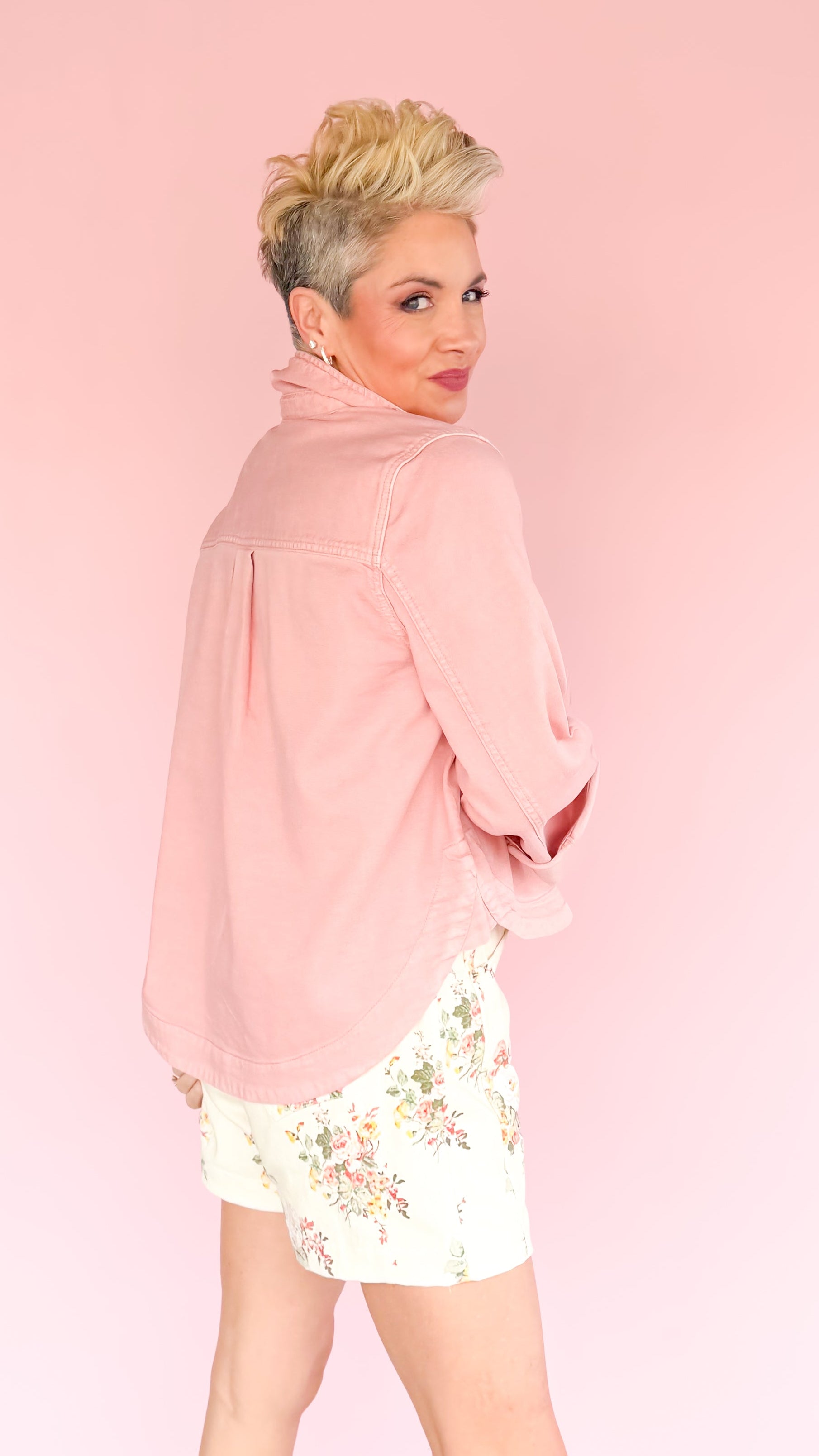 High-Low Denim Shacket/Blush