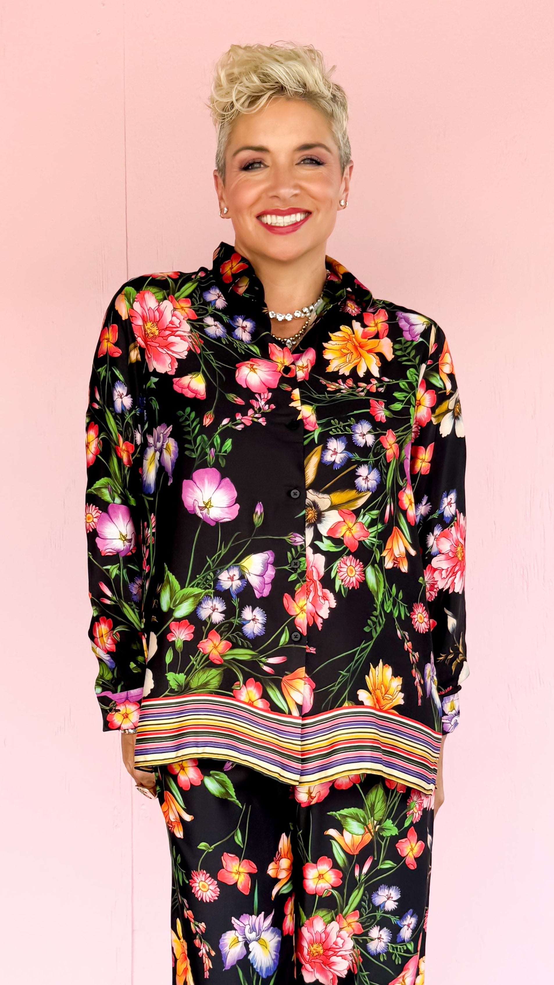 Floral Button Down Striped Hem/Black - The BLVD