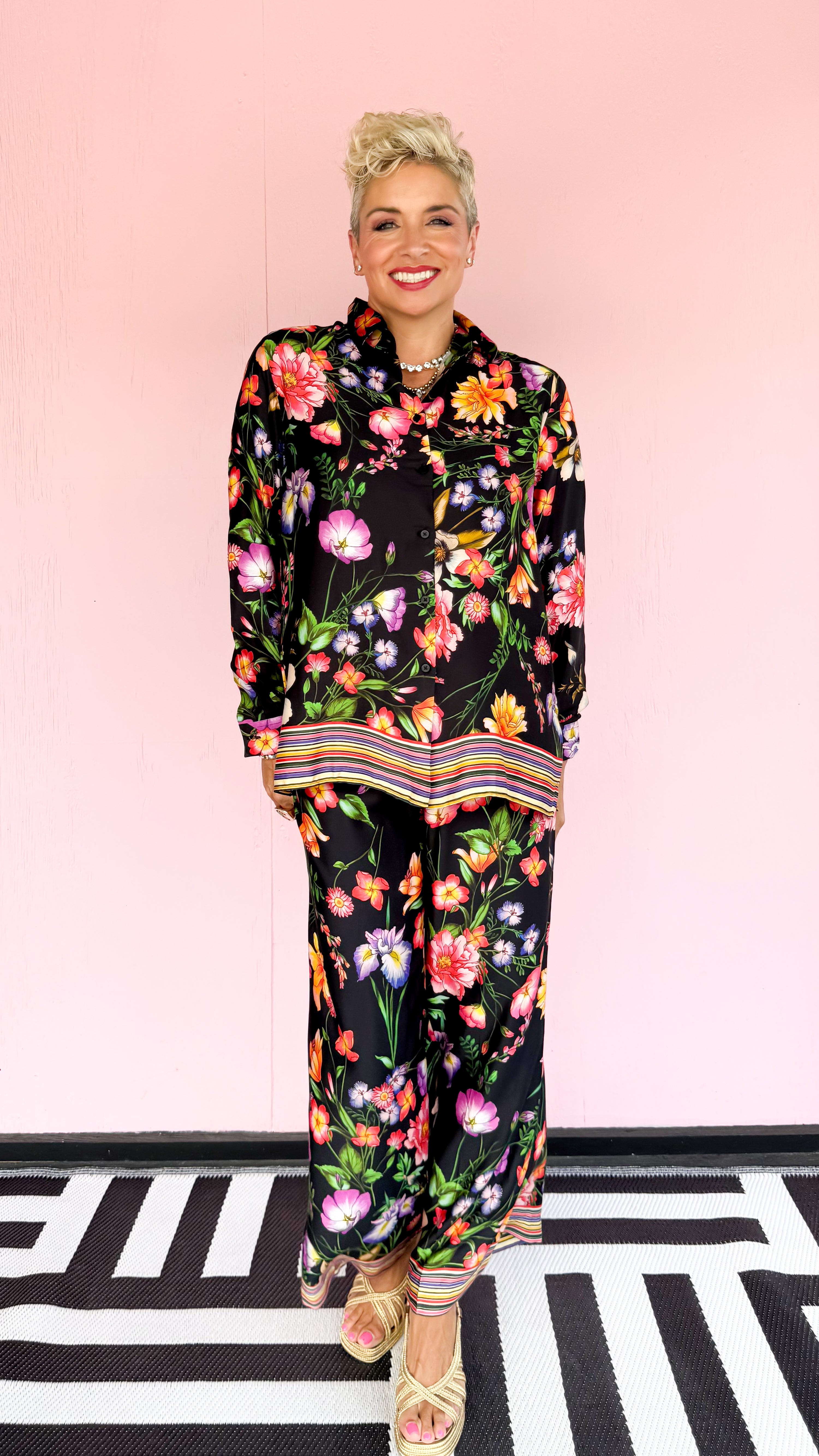 Floral Pants Striped Hem/Black - The BLVD
