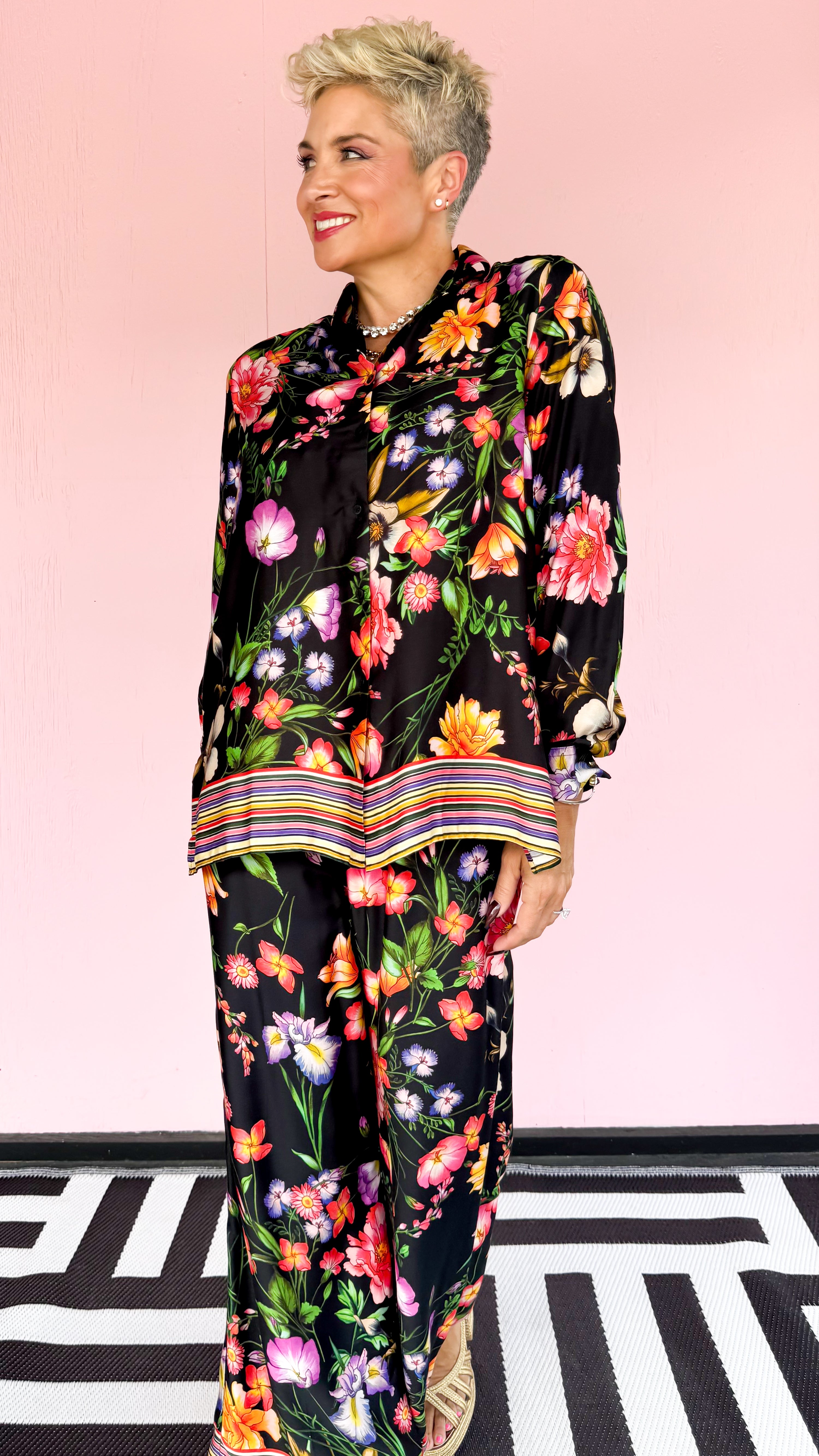 Floral Pants Striped Hem/Black - The BLVD