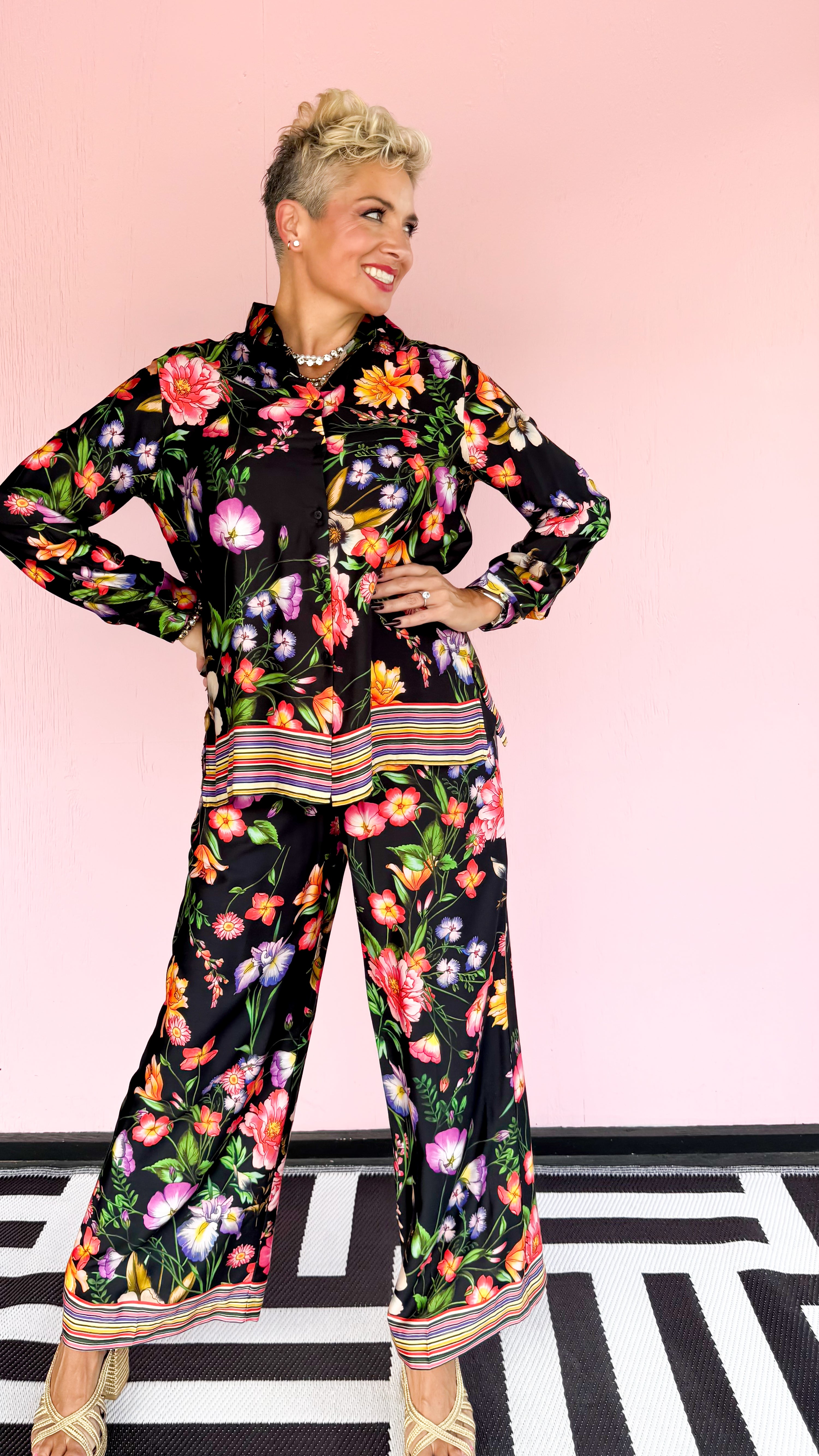 Floral Pants Striped Hem/Black - The BLVD