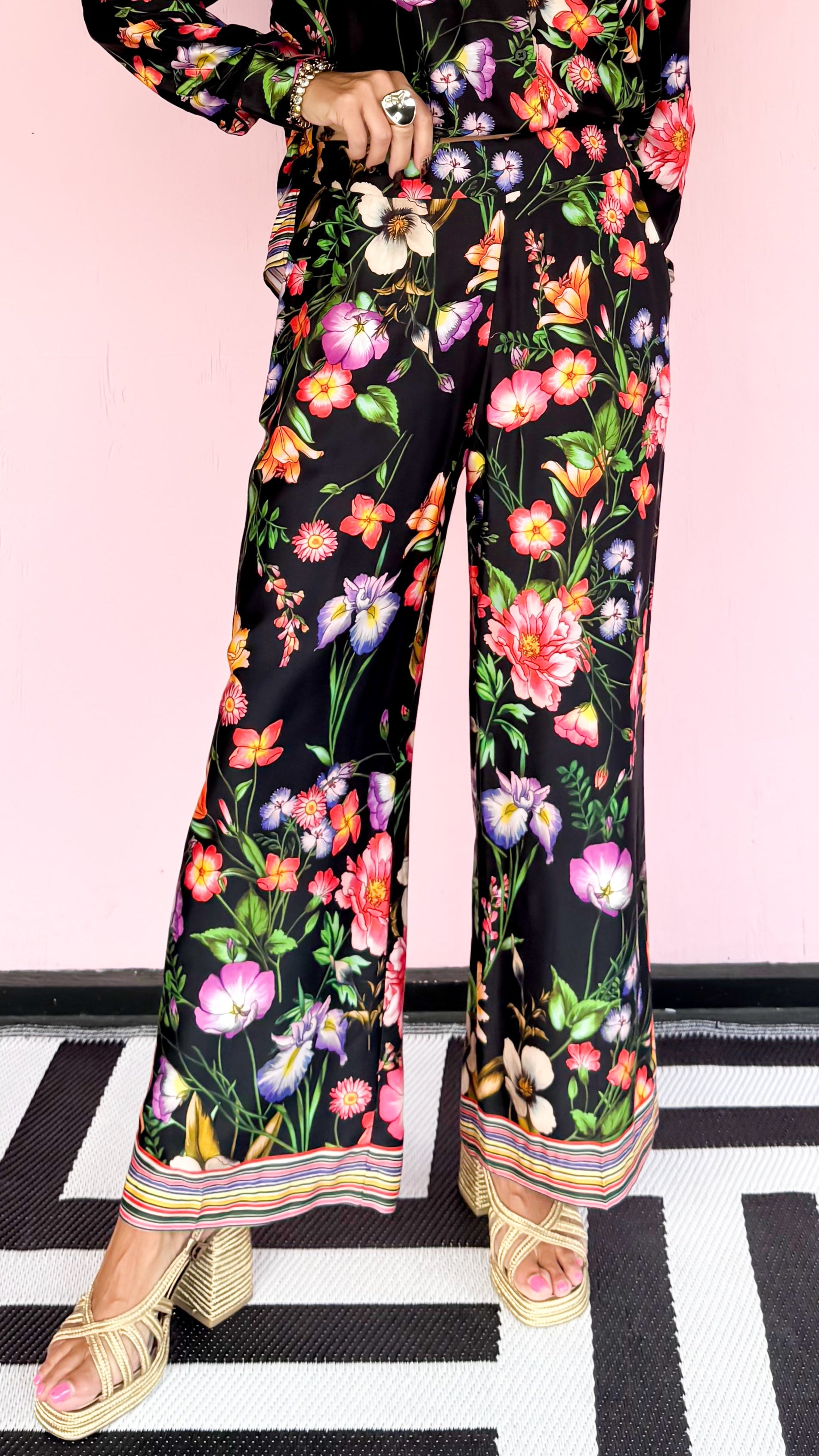 Floral Pants Striped Hem/Black - The BLVD
