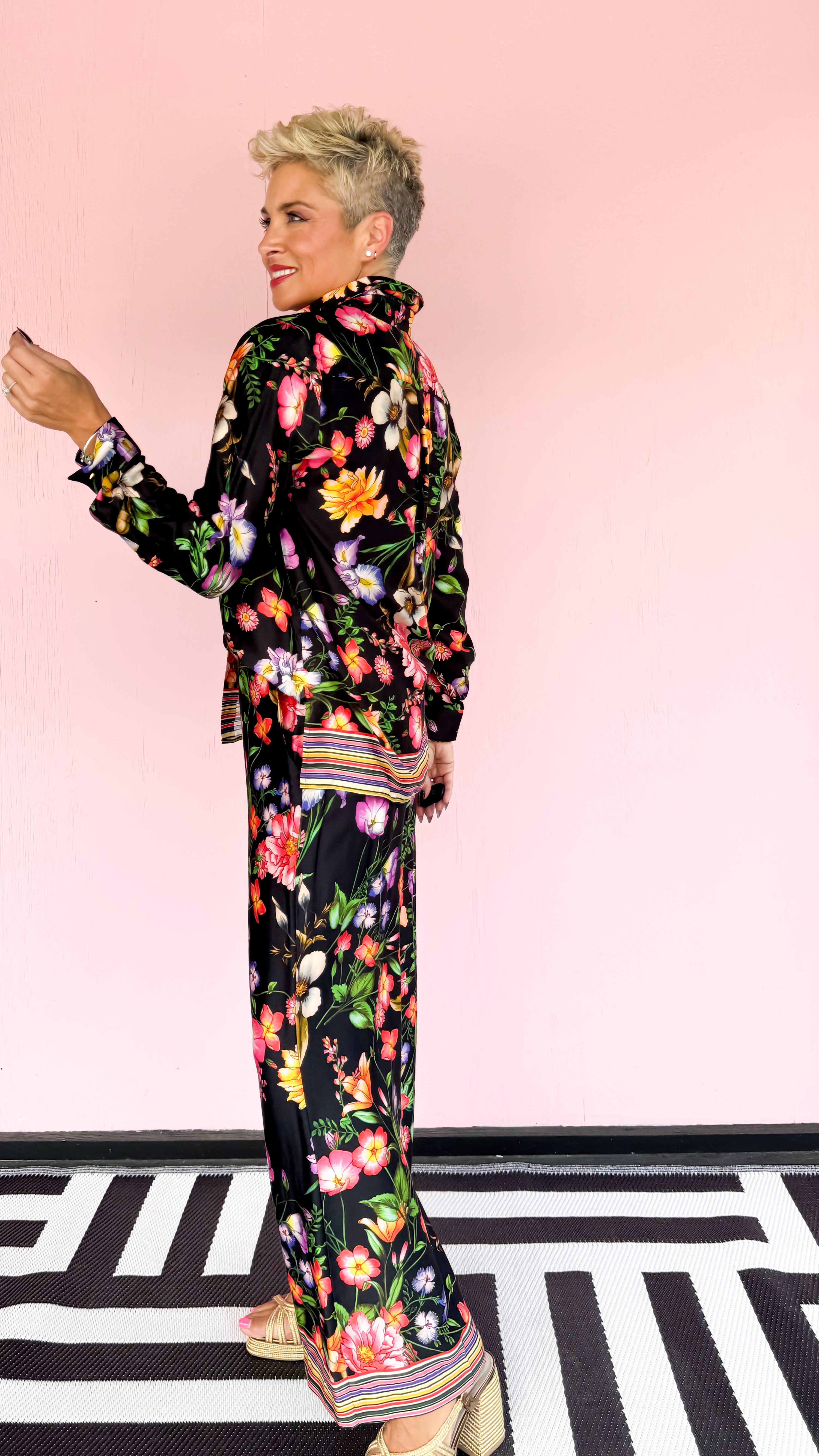 Floral Pants Striped Hem/Black - The BLVD