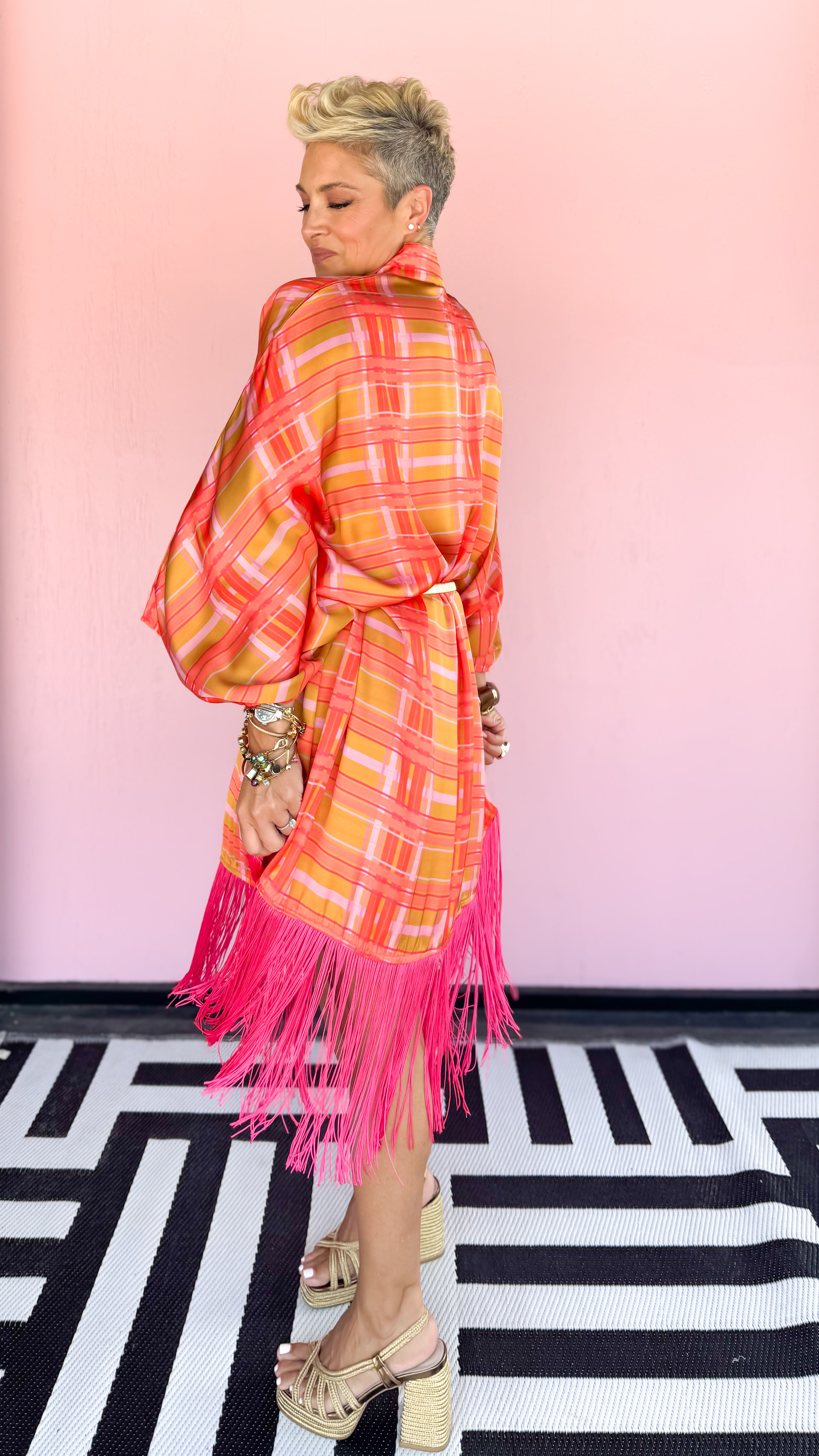 Plaid Caftan w/Fringe/Orange