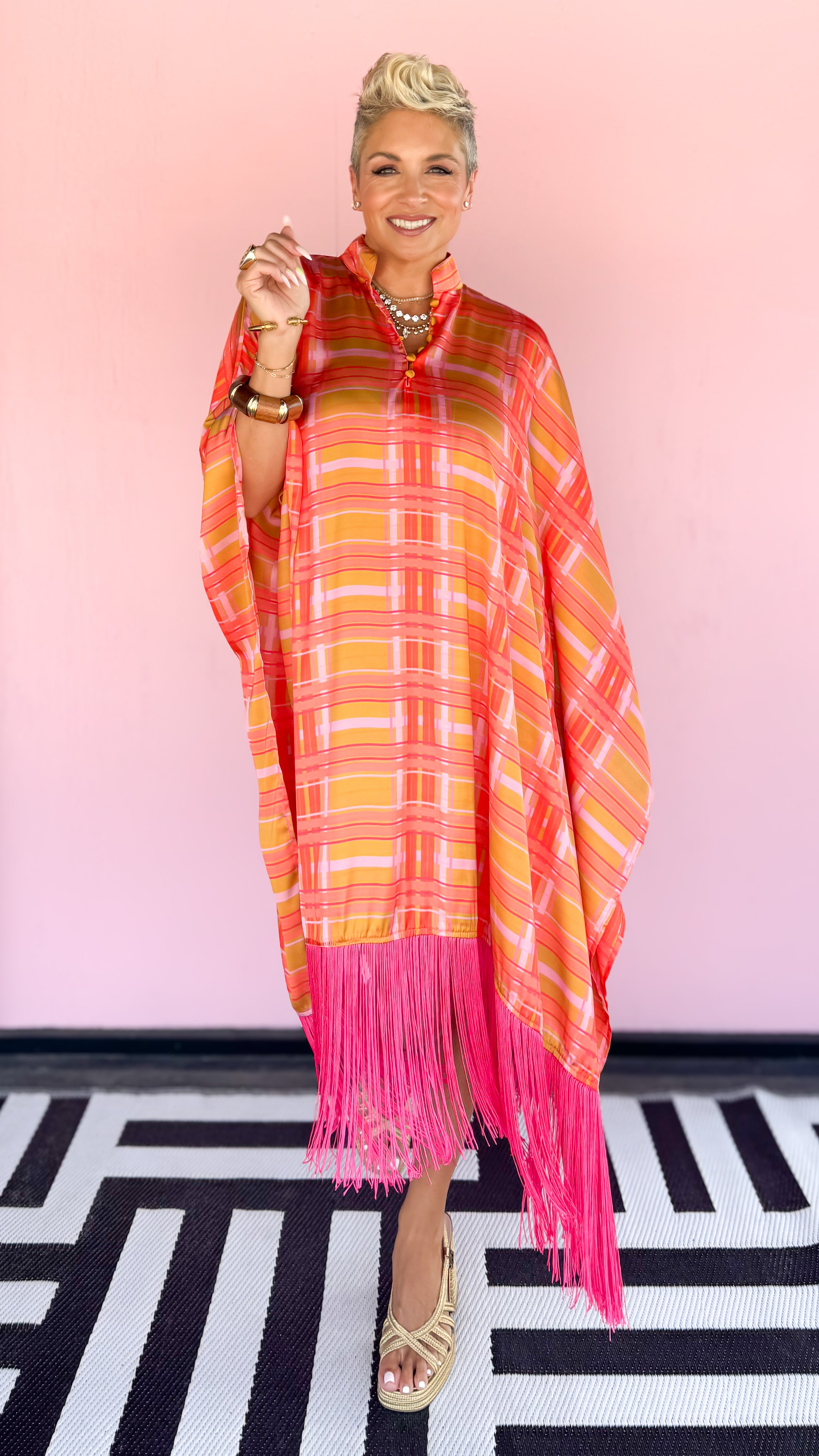 Plaid Caftan w/Fringe/Orange