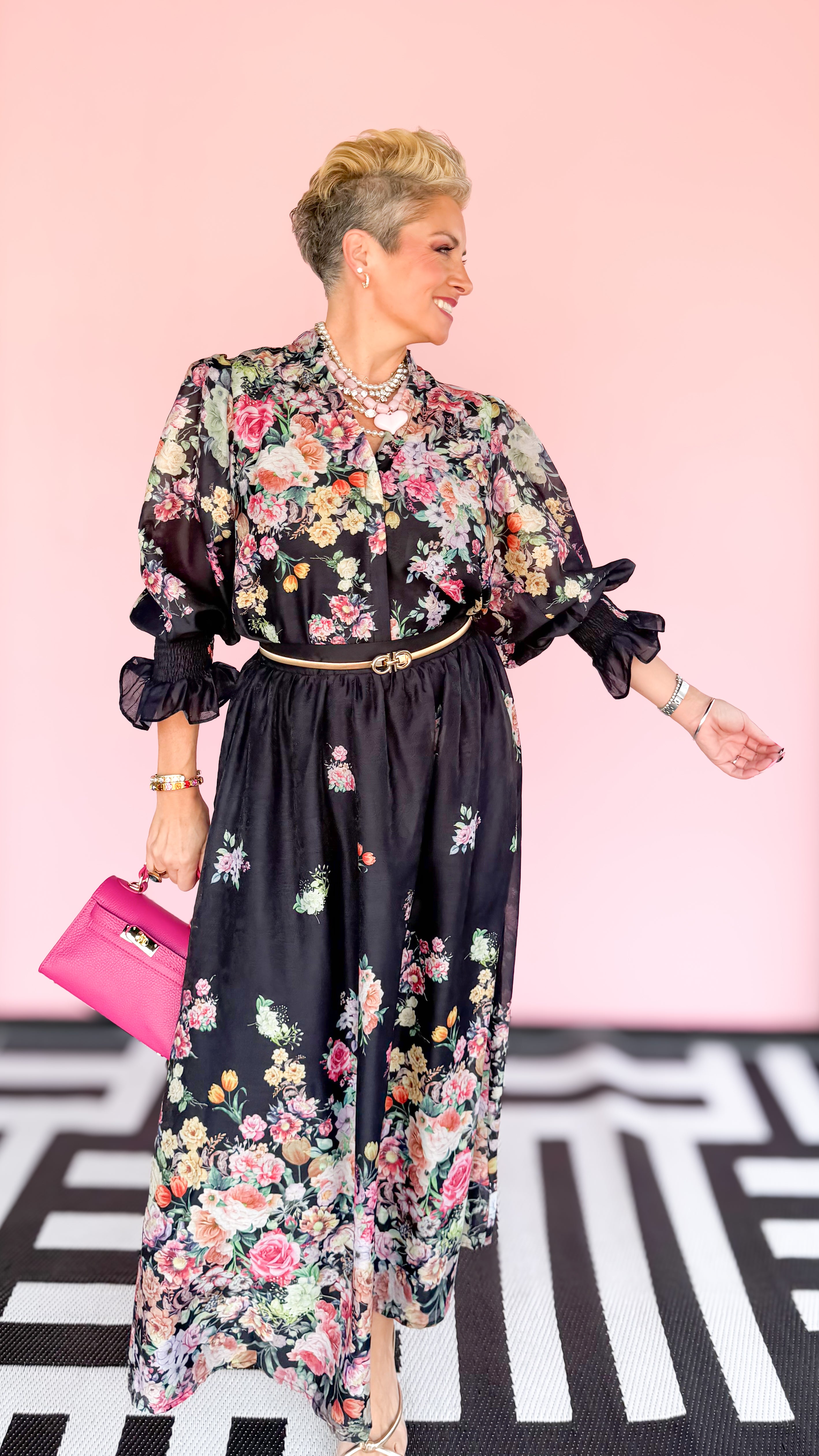 Floral Split V-Neck Blouse/Black