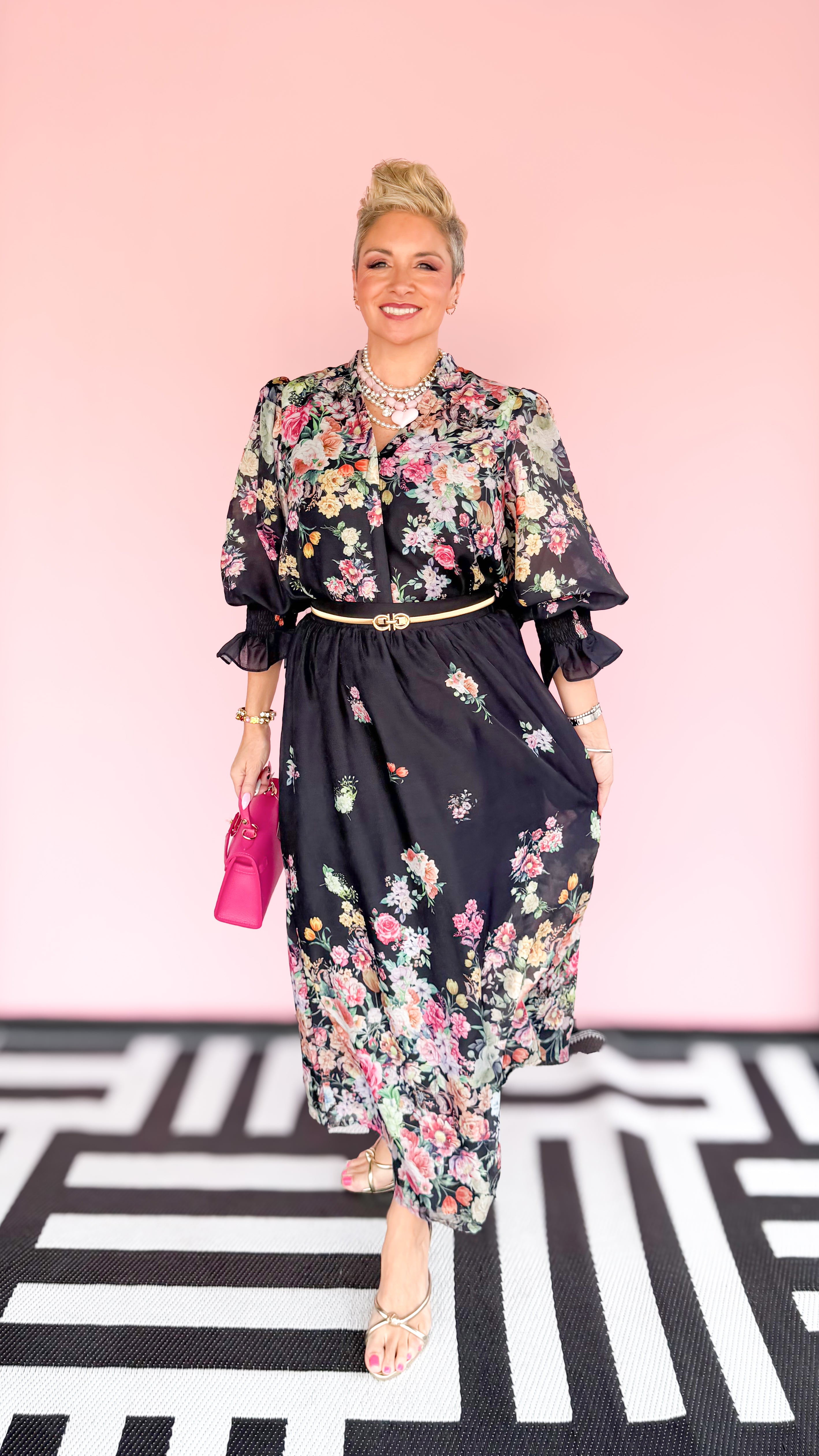 Floral Split V-Neck Blouse/Black